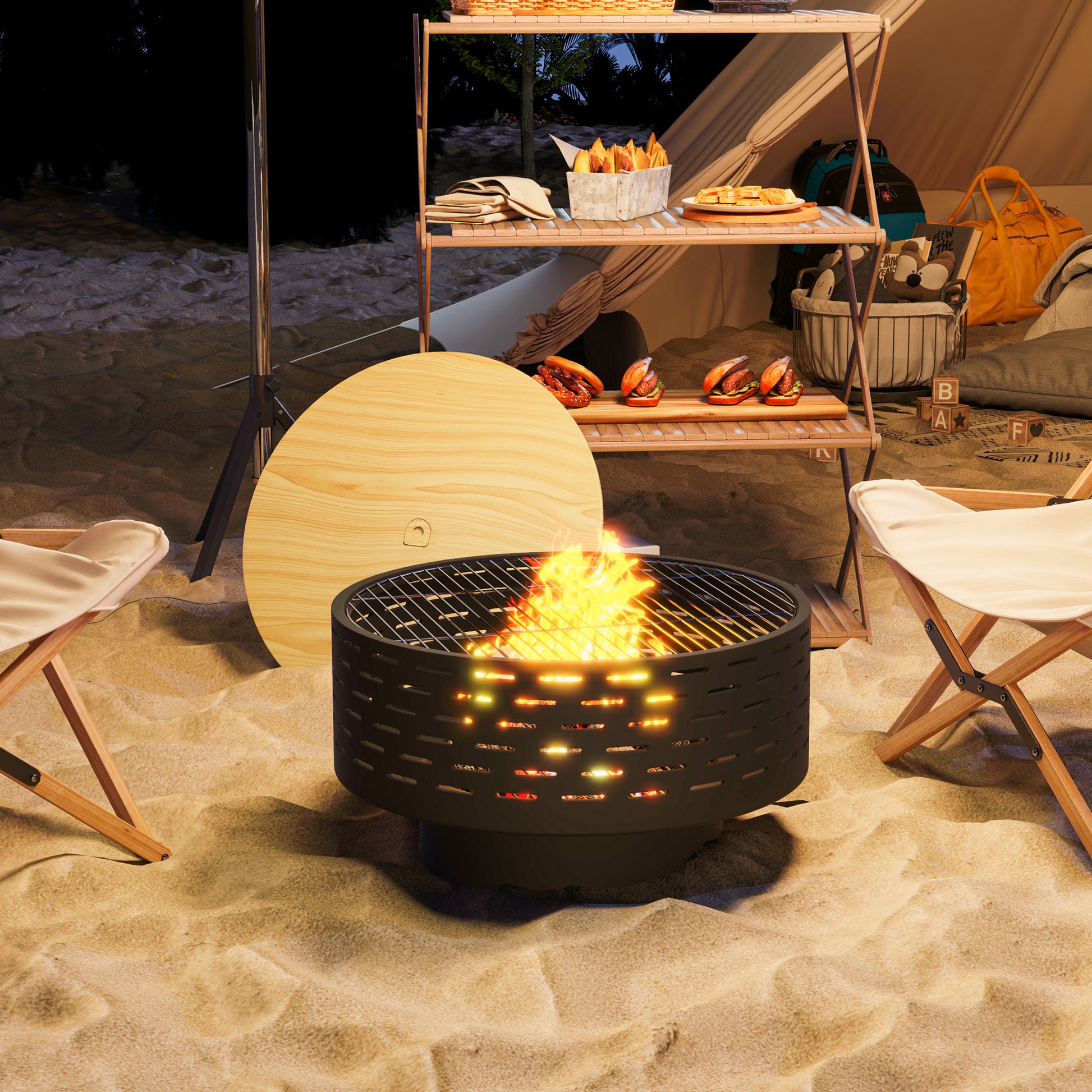 3-in-1 Outdoor Fire Pit with Grill Grate - Charcoal Grey-Patio & Garden > Fire Pits-DECOROLALA