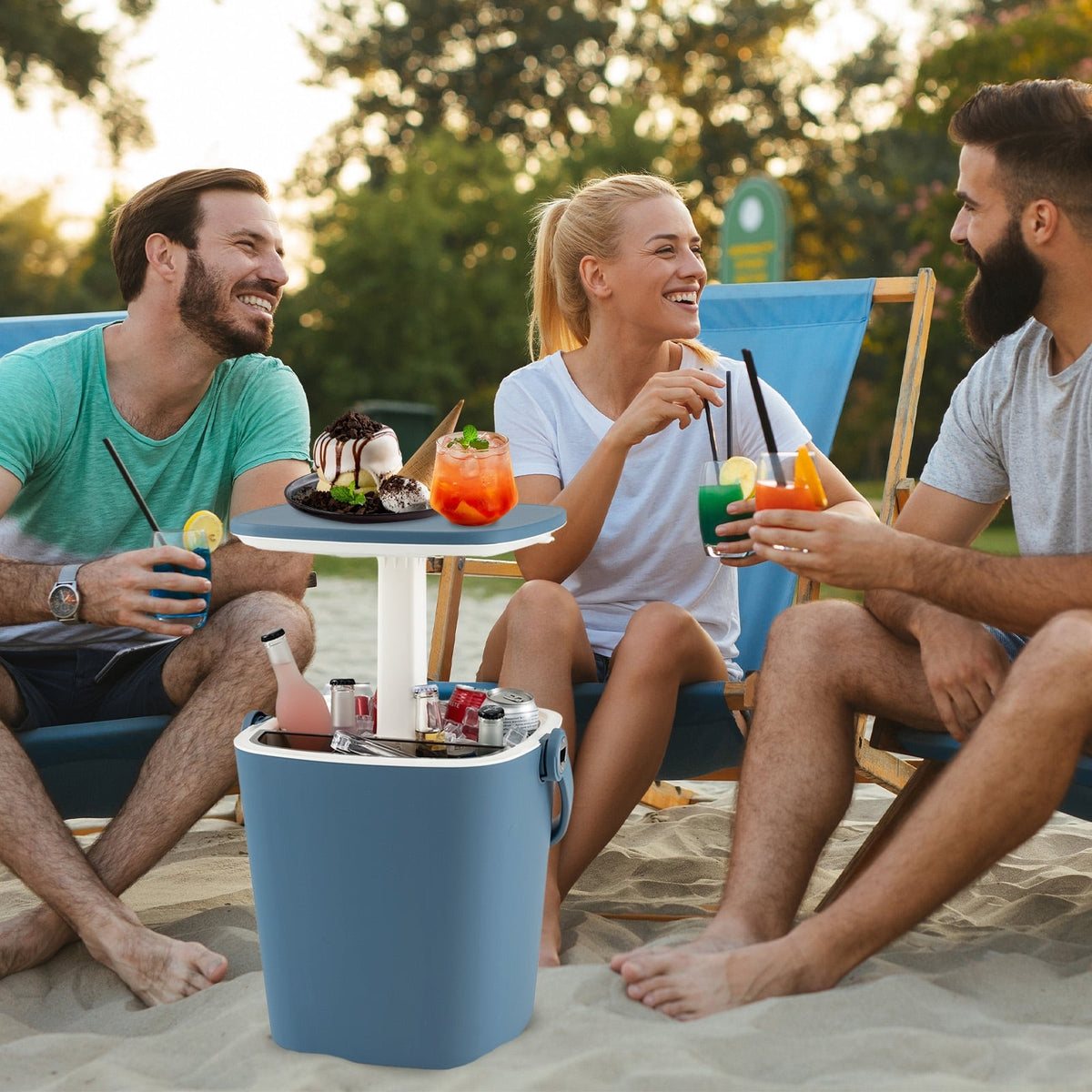 3-in-1 Portable Cooler Bar Table with Bottle Opener and Lift Top Lid for Camping Poolside-Blue-Coolers-DECOROLALA