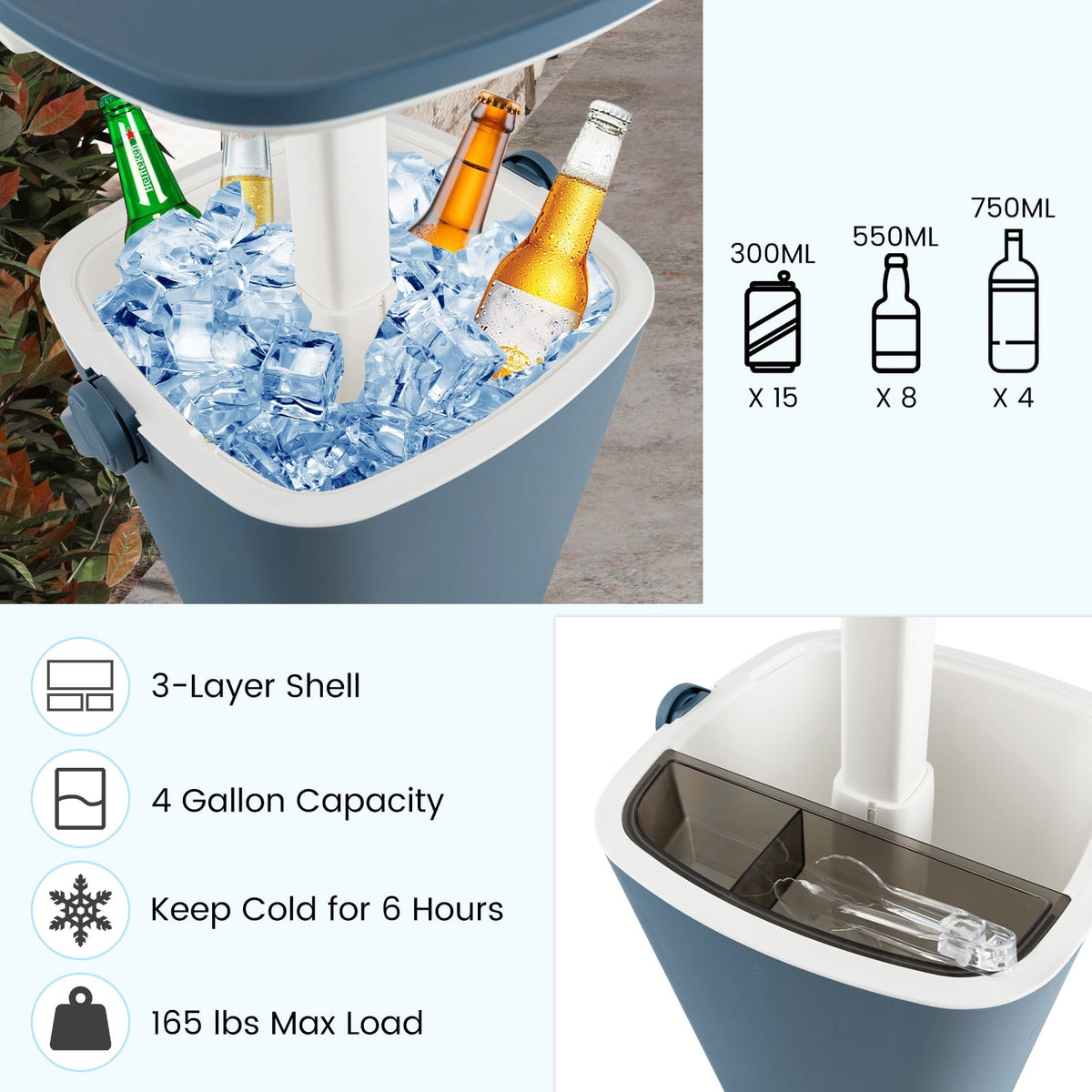 3-in-1 Portable Cooler Bar Table with Bottle Opener and Lift Top Lid for Camping Poolside-Blue-Coolers-DECOROLALA