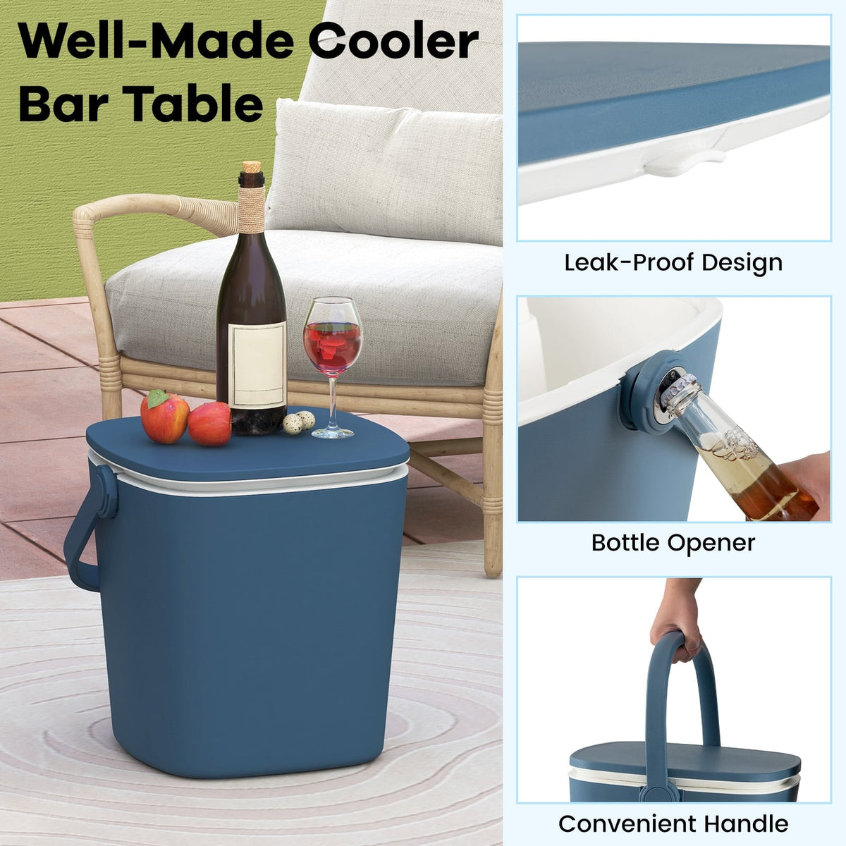 3-in-1 Portable Cooler Bar Table with Bottle Opener and Lift Top Lid for Camping Poolside-Blue-Coolers-DECOROLALA