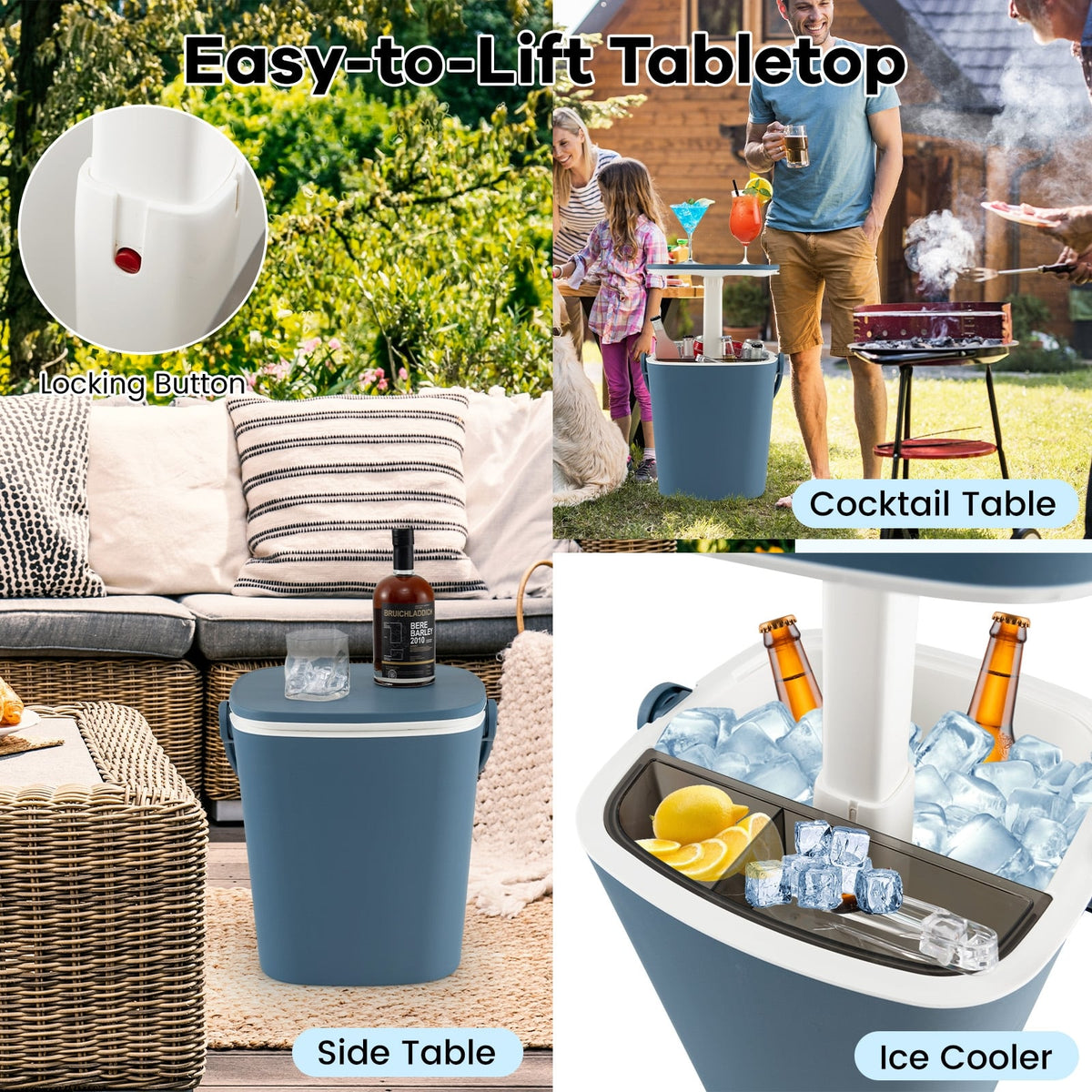 3-in-1 Portable Cooler Bar Table with Bottle Opener and Lift Top Lid for Camping Poolside-Blue-Coolers-DECOROLALA