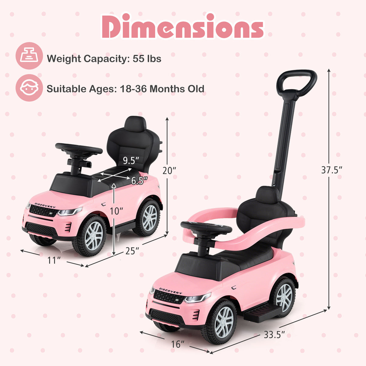 3 in 1 Push Car with Removable Handle and Guardrail for Kids 18-36 Months Old
