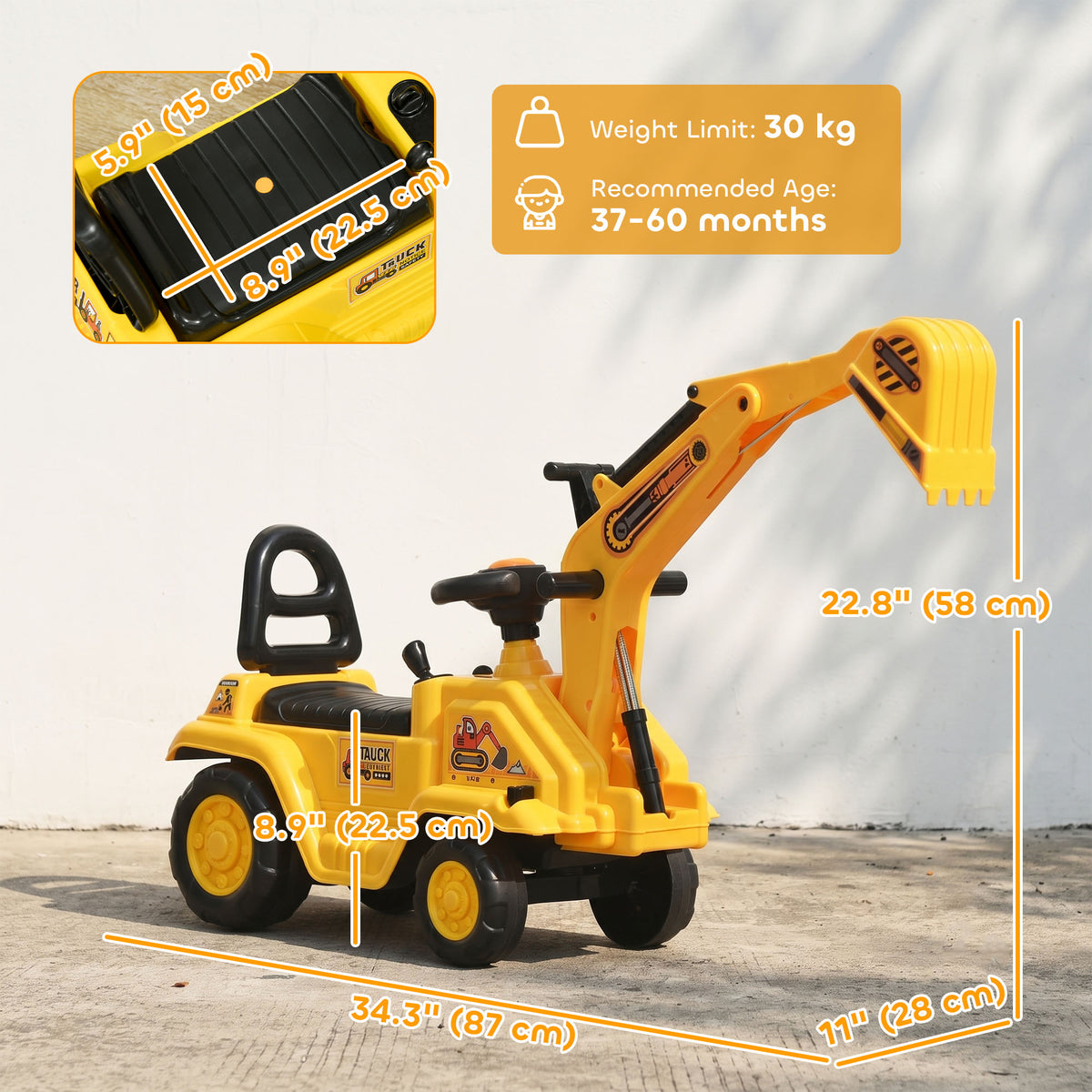 3-in-1 Ride-On Excavator Toy - Yellow, for Toddlers 18-48M-Toys & Games > Baby & Toddler Toys > Riding & Rocking Toys > Toy Excavators-DECOROLALA