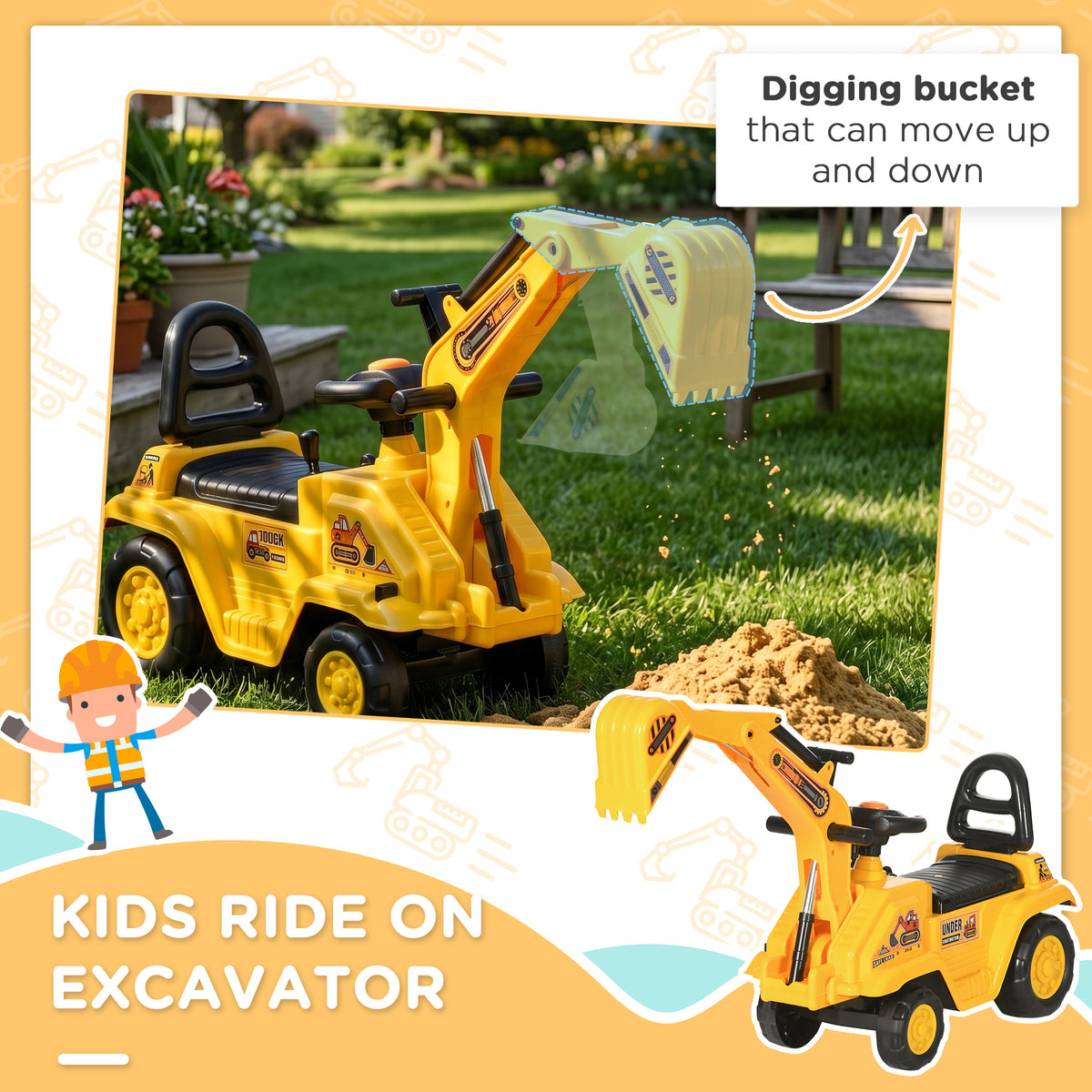 3-in-1 Ride-On Excavator Toy - Yellow, for Toddlers 18-48M-Toys & Games > Baby & Toddler Toys > Riding & Rocking Toys > Toy Excavators-DECOROLALA