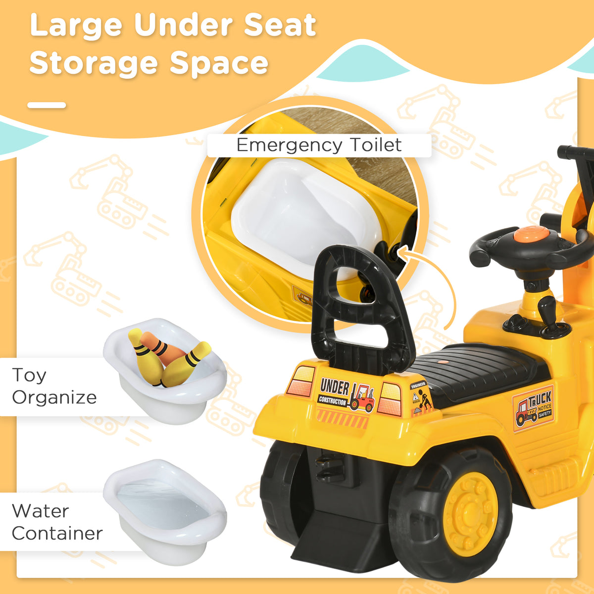 3-in-1 Ride-On Excavator Toy - Yellow, for Toddlers 18-48M-Toys & Games > Baby & Toddler Toys > Riding & Rocking Toys > Toy Excavators-DECOROLALA