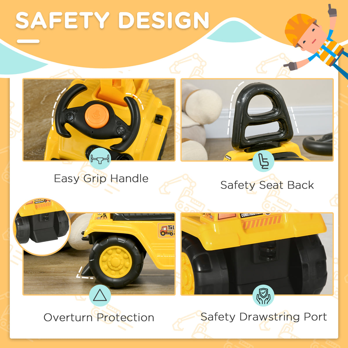 3-in-1 Ride-On Excavator Toy - Yellow, for Toddlers 18-48M-Toys & Games > Baby & Toddler Toys > Riding & Rocking Toys > Toy Excavators-DECOROLALA