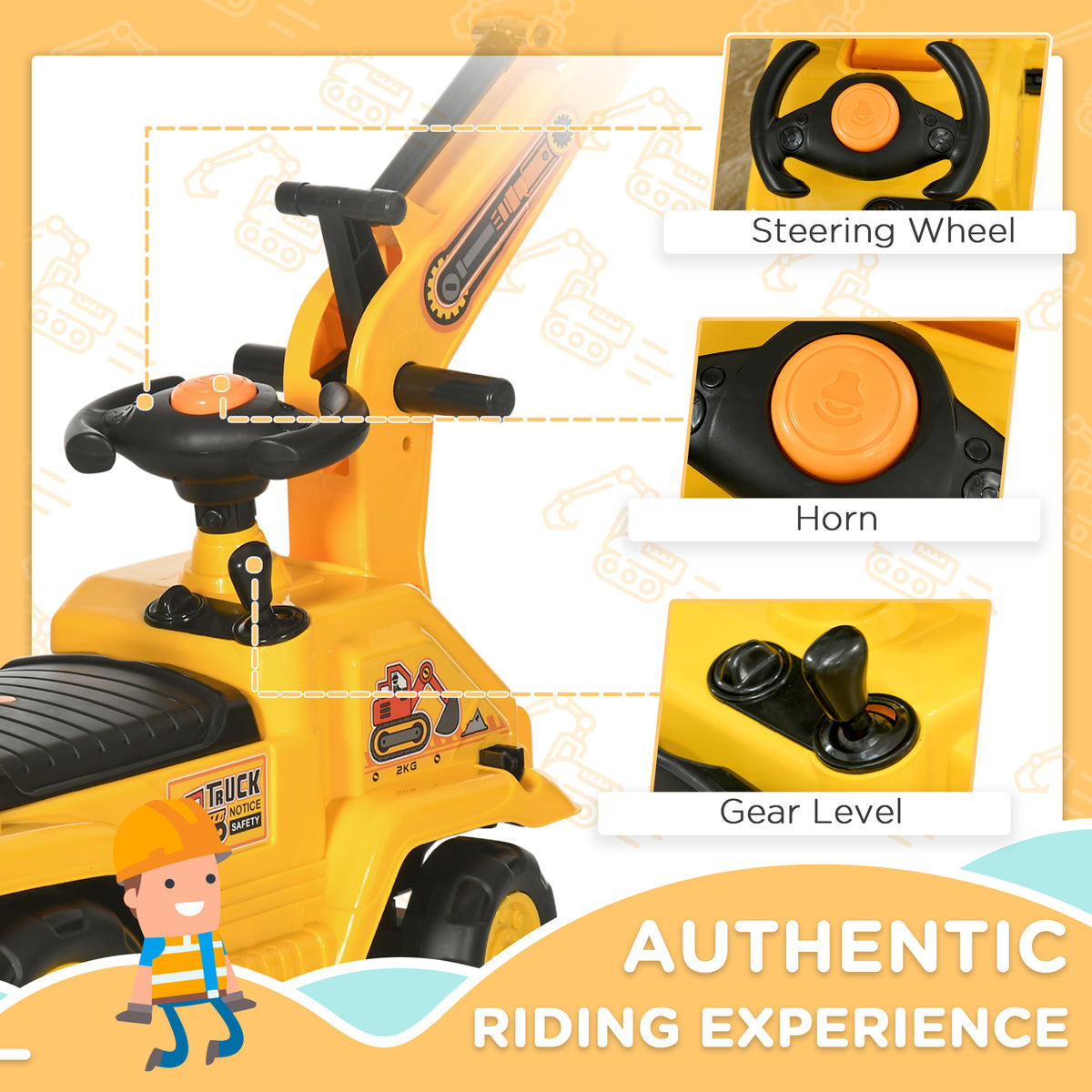 3-in-1 Ride-On Excavator Toy - Yellow, for Toddlers 18-48M-Toys & Games > Baby & Toddler Toys > Riding & Rocking Toys > Toy Excavators-DECOROLALA