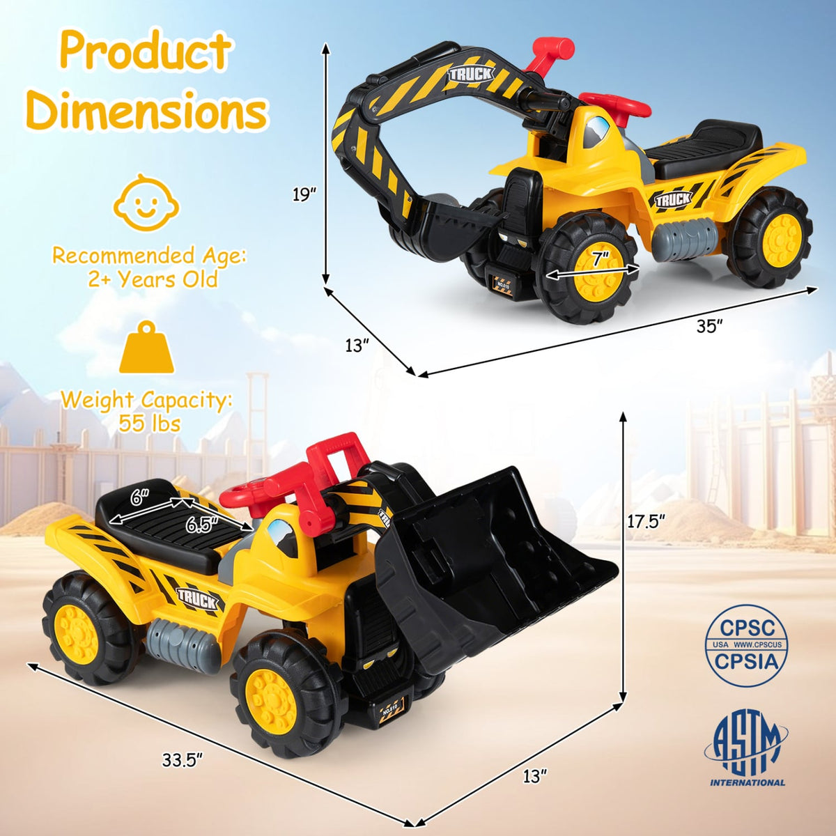 3-in-1 Ride on Excavator Bulldozer Detachable with Engine Sound and Helmet