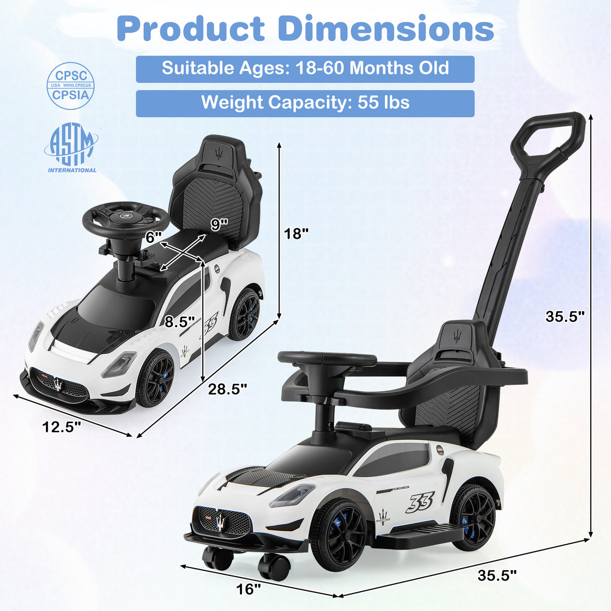 3-in-1 Ride on Push Car Maserati Licensed Sliding Car with Music
