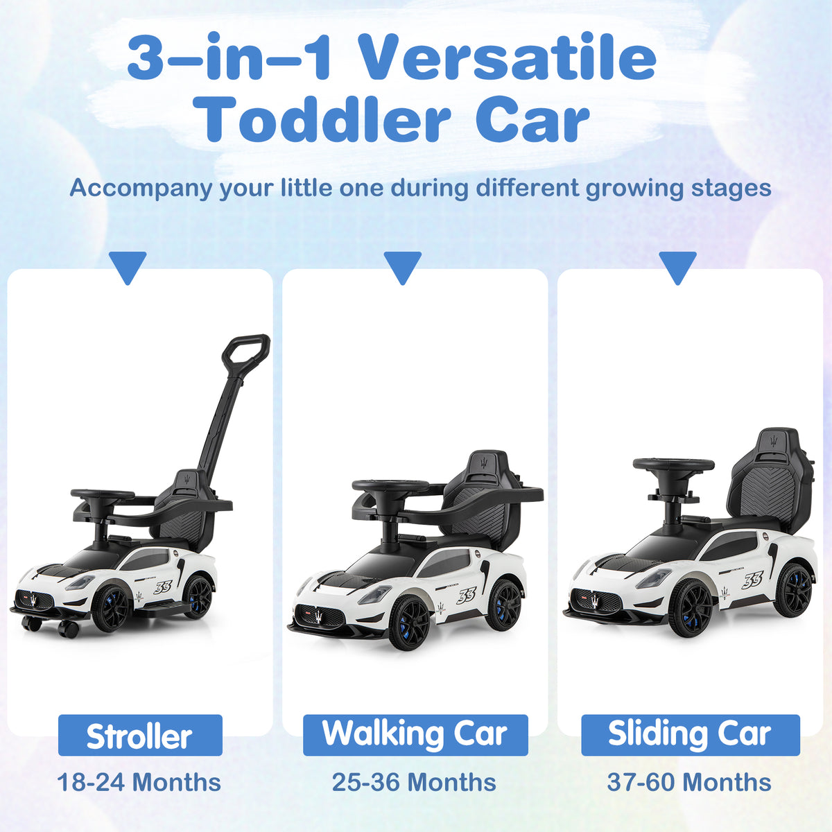 3-in-1 Ride on Push Car Maserati Licensed Sliding Car with Music