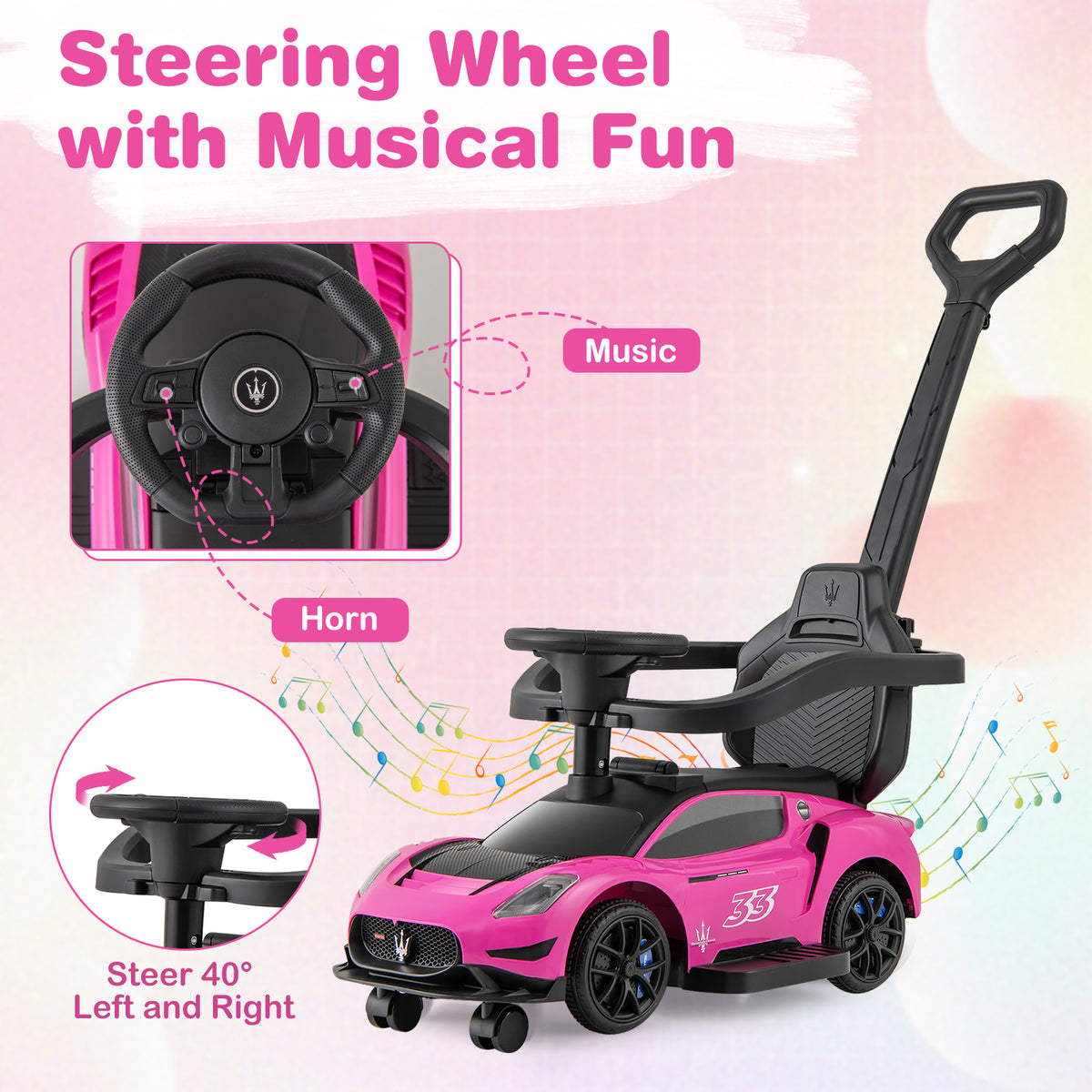 3-in-1 Ride on Push Car Maserati Licensed Sliding Car with Music