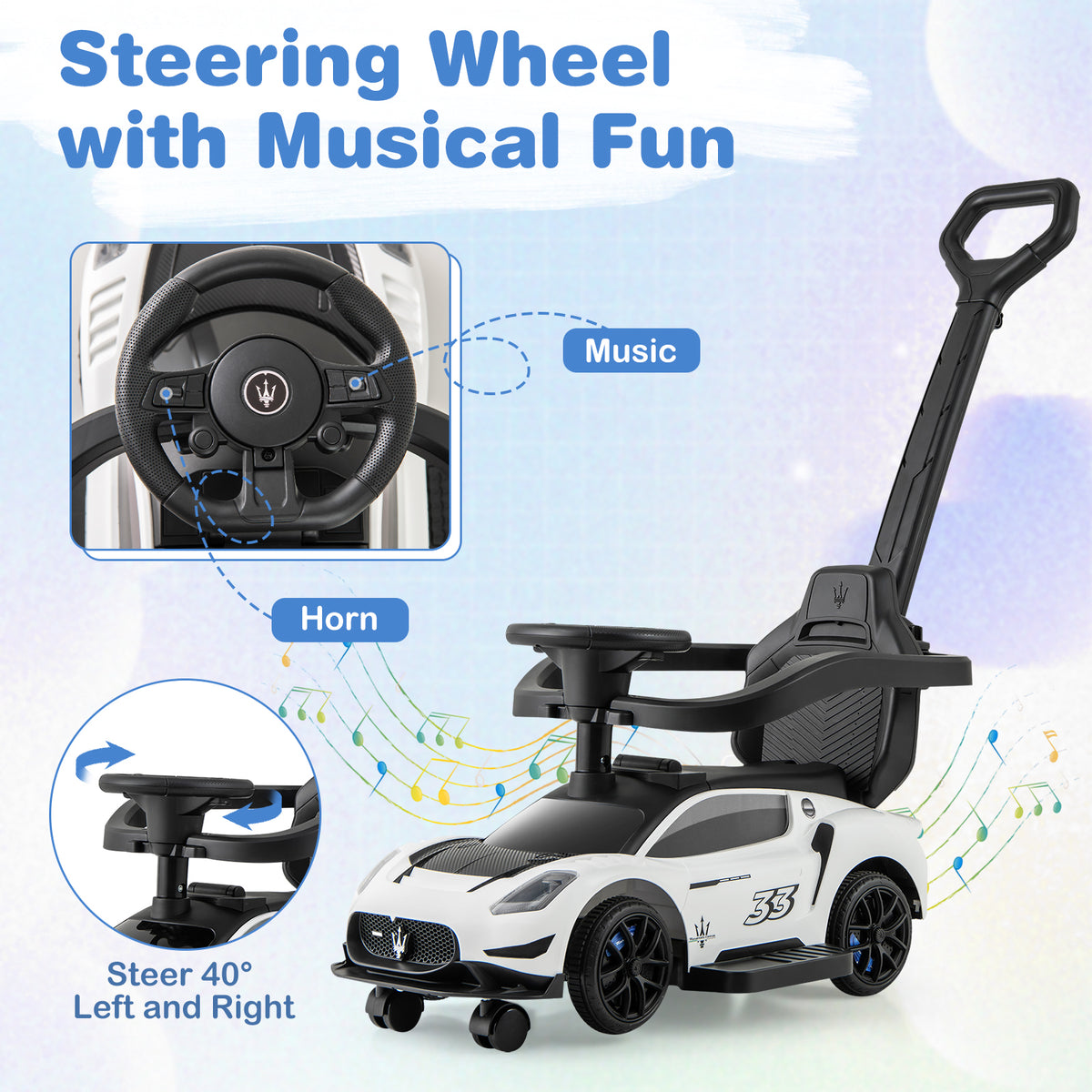 3-in-1 Ride on Push Car Maserati Licensed Sliding Car with Music