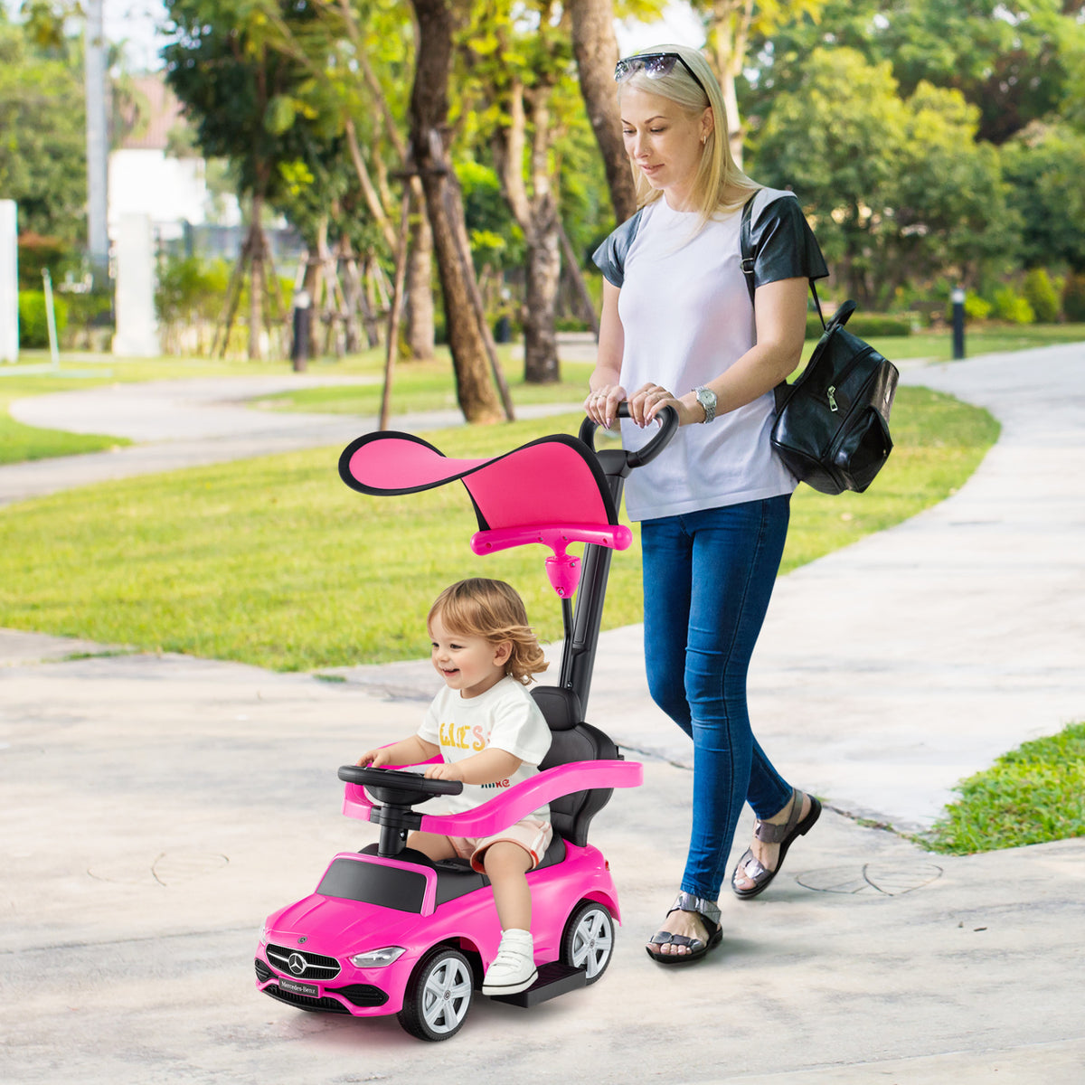 3-in-1 Ride on Push Car Mercedes-Benz Licensed Sliding Car with Canopy