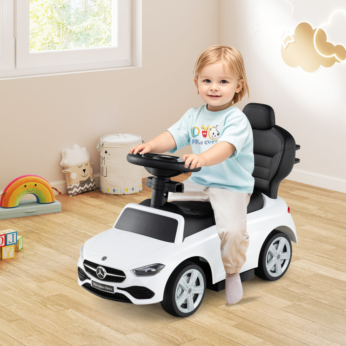 3-in-1 Ride on Push Car Mercedes-Benz Licensed Sliding Car with Canopy