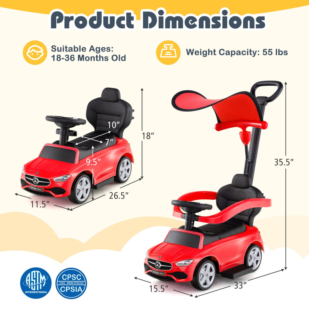 3-in-1 Ride on Push Car Mercedes-Benz Licensed Sliding Car with Canopy