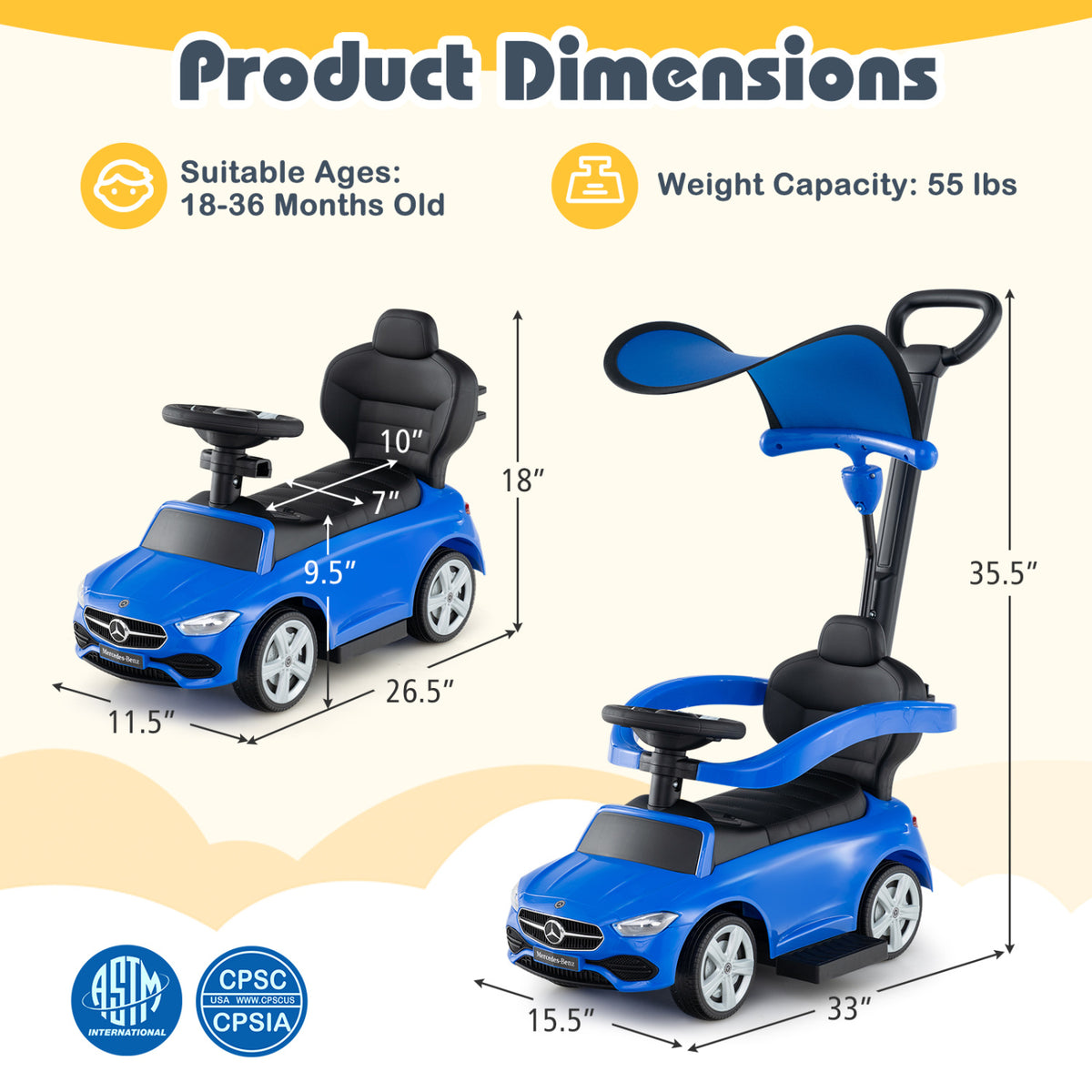 3-in-1 Ride on Push Car Mercedes-Benz Licensed Sliding Car with Canopy