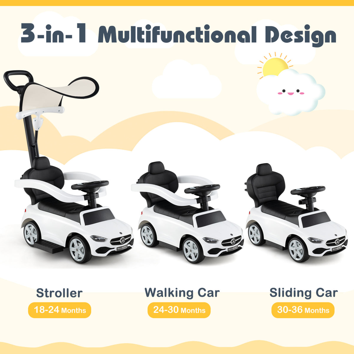 3-in-1 Ride on Push Car Mercedes-Benz Licensed Sliding Car with Canopy