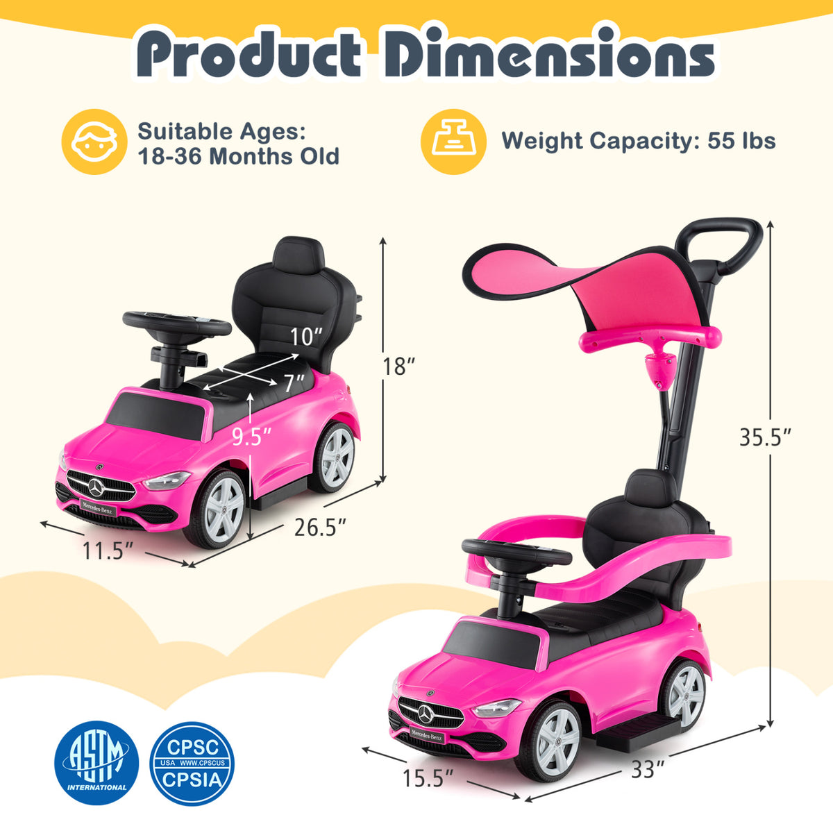 3-in-1 Ride on Push Car Mercedes-Benz Licensed Sliding Car with Canopy