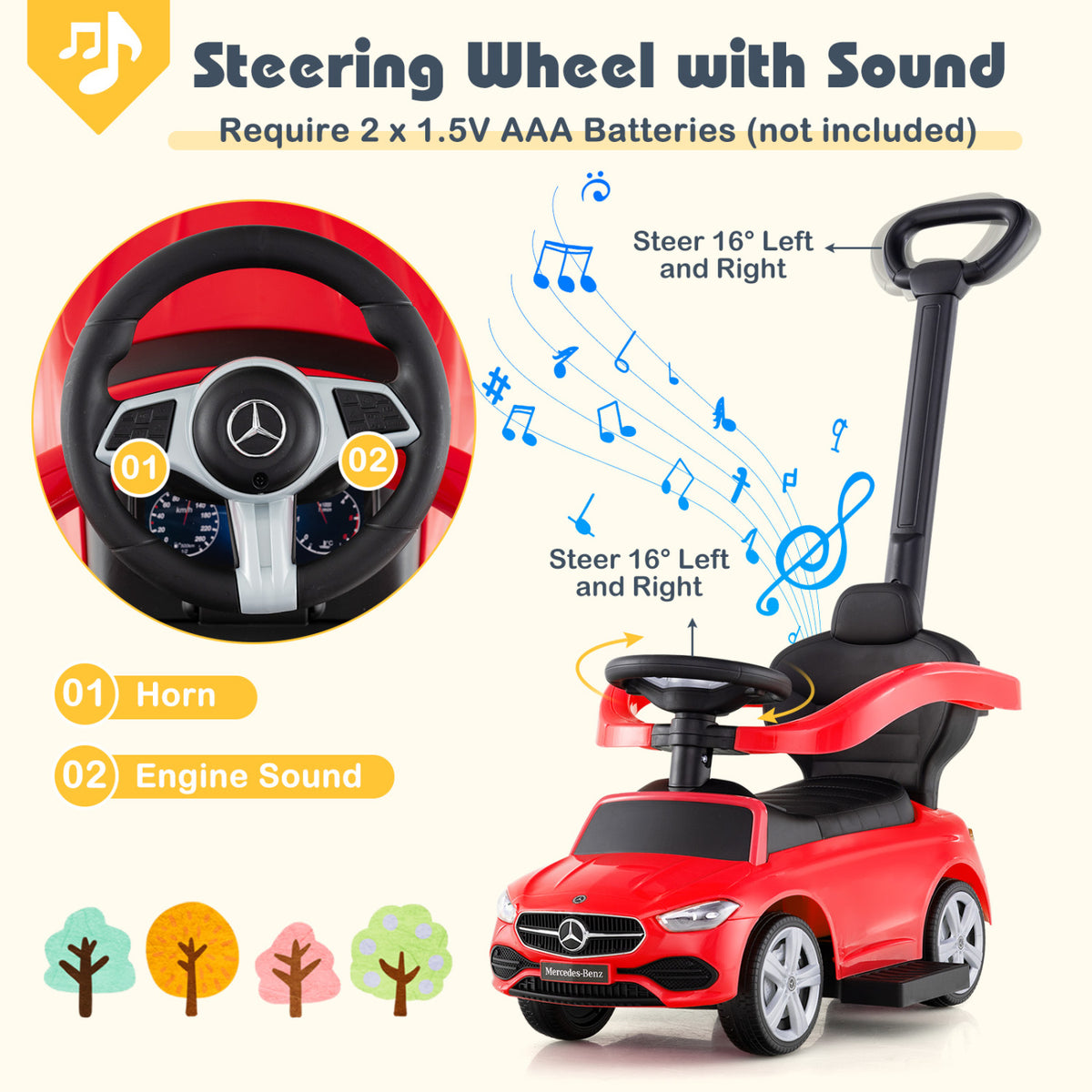 3-in-1 Ride on Push Car Mercedes-Benz Licensed Sliding Car with Canopy