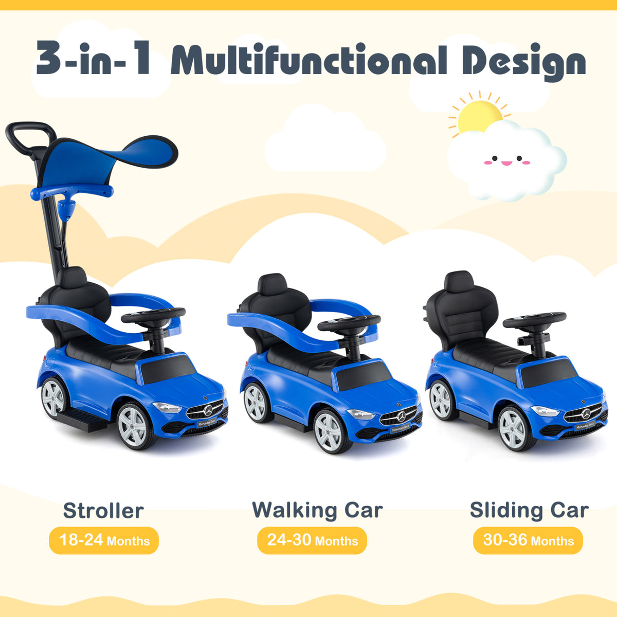 3-in-1 Ride on Push Car Mercedes-Benz Licensed Sliding Car with Canopy