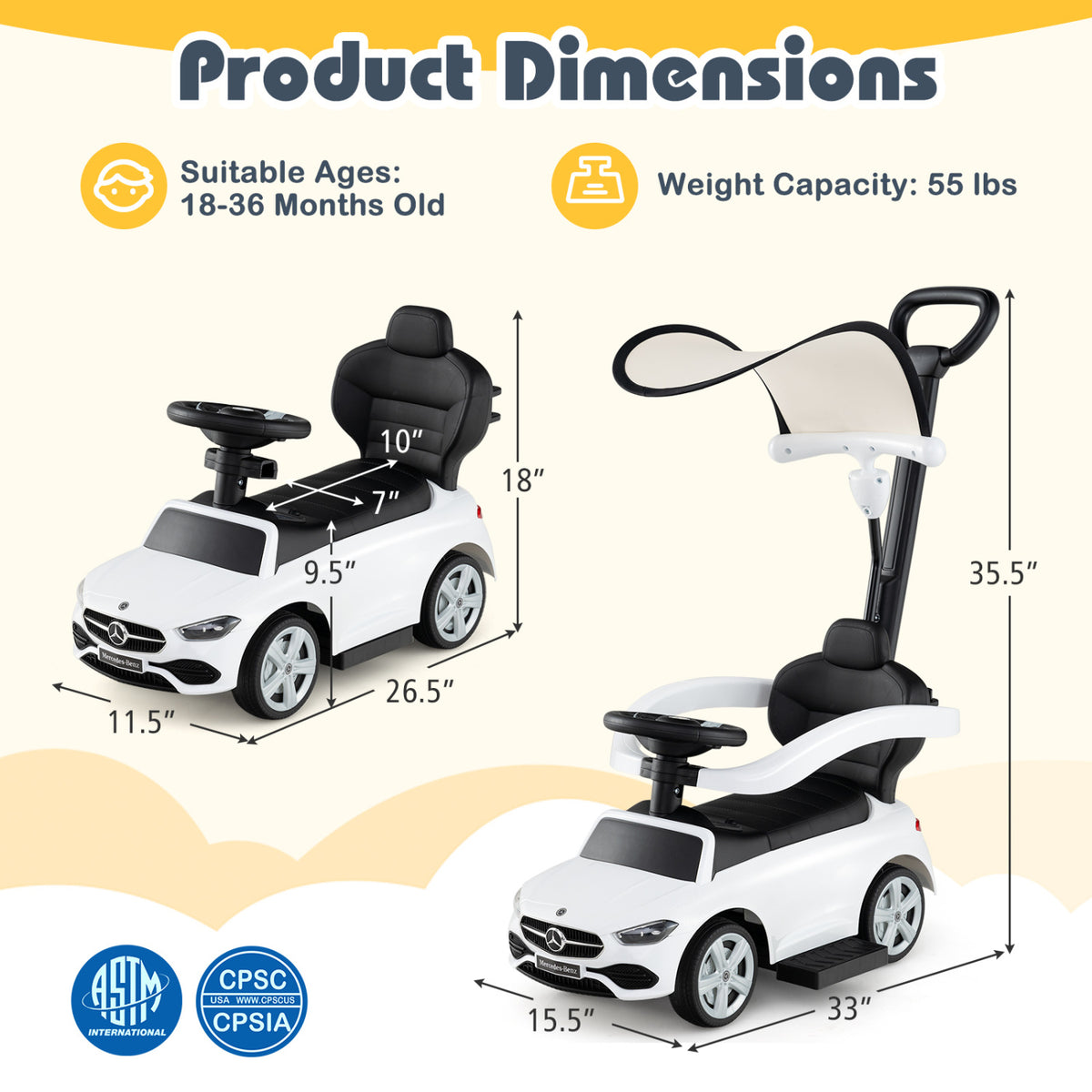 3-in-1 Ride on Push Car Mercedes-Benz Licensed Sliding Car with Canopy