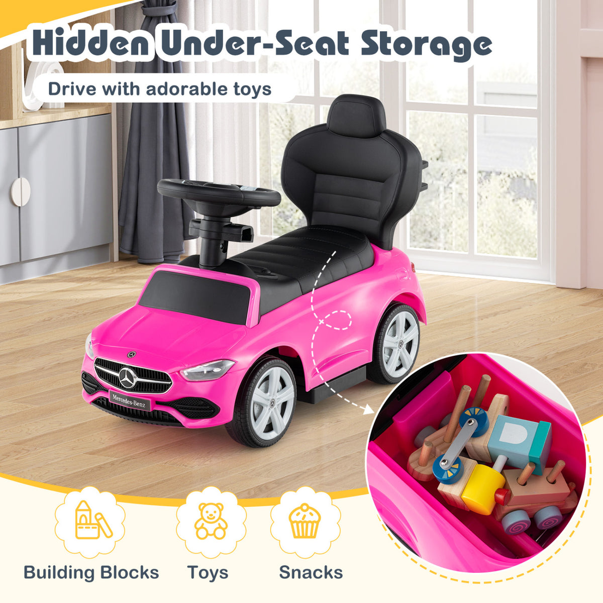 3-in-1 Ride on Push Car Mercedes-Benz Licensed Sliding Car with Canopy