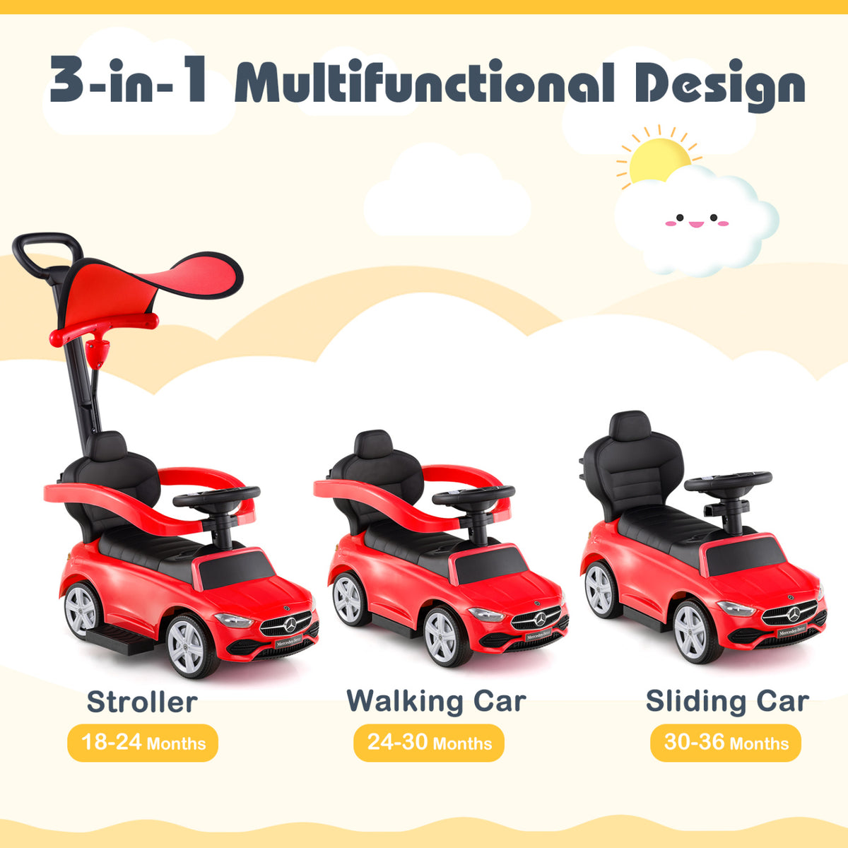 3-in-1 Ride on Push Car Mercedes-Benz Licensed Sliding Car with Canopy