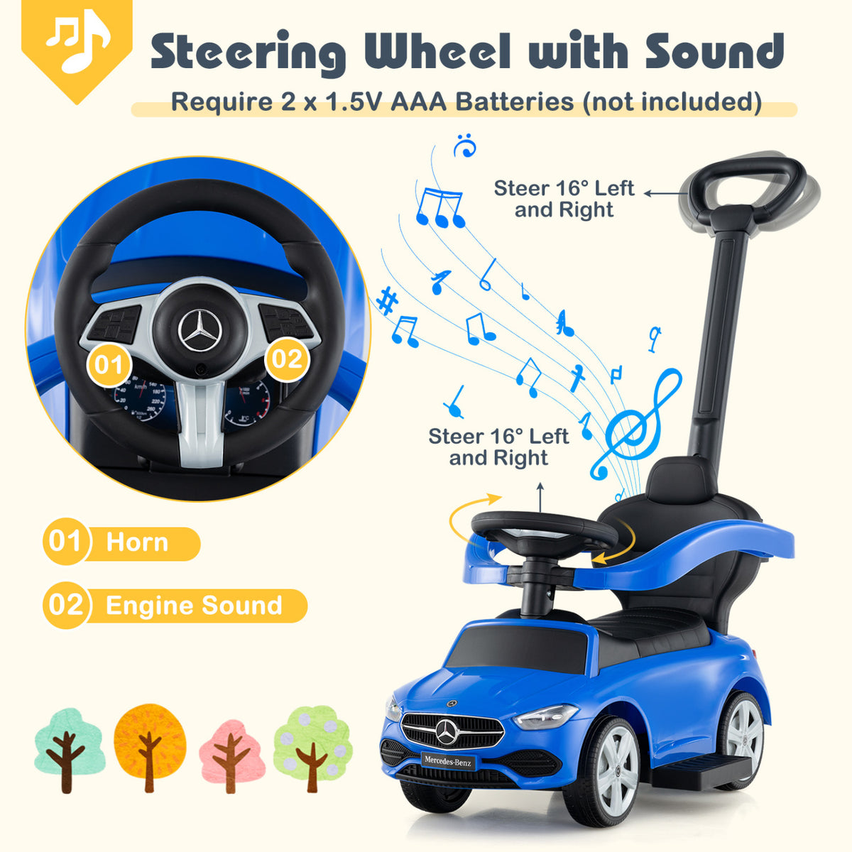 3-in-1 Ride on Push Car Mercedes-Benz Licensed Sliding Car with Canopy