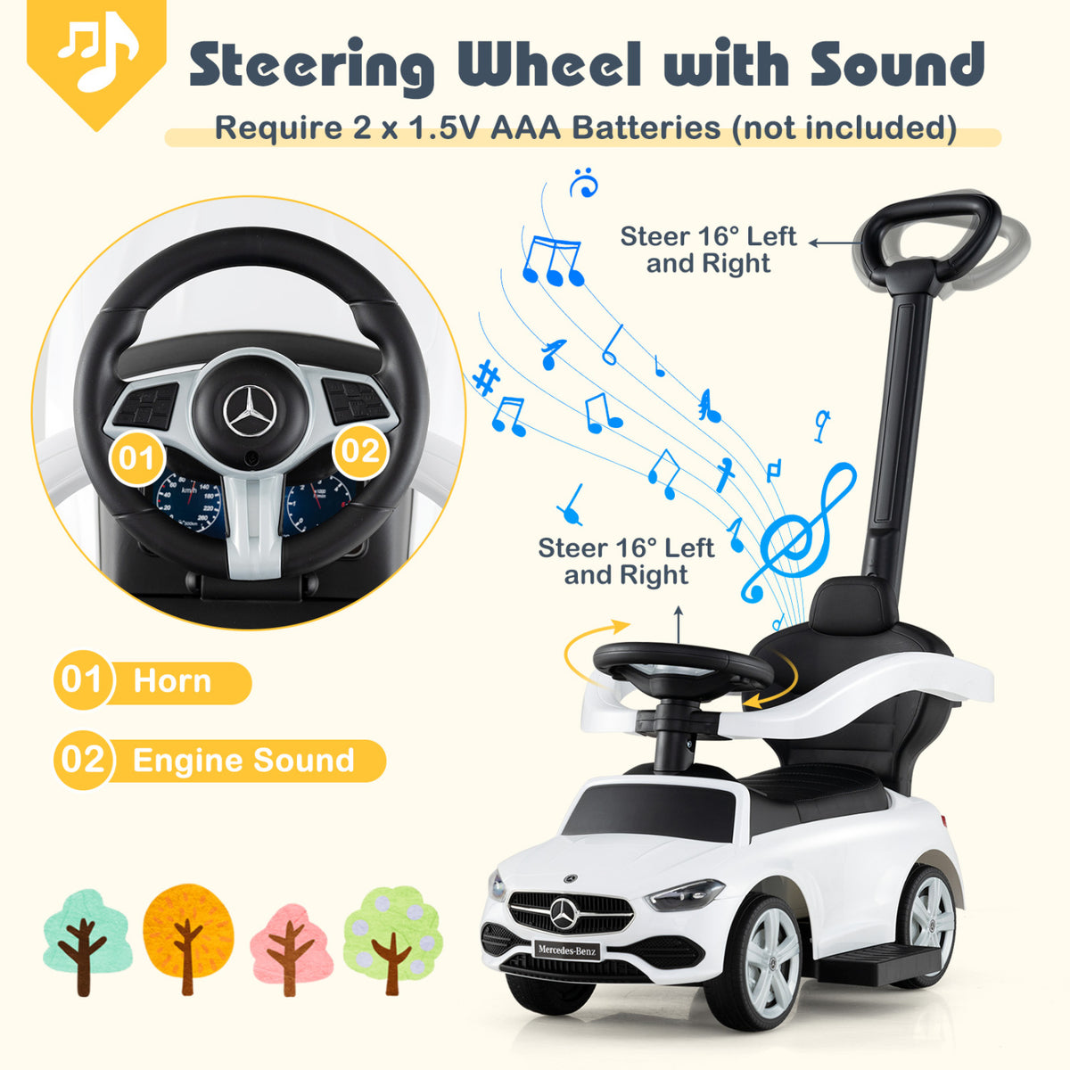 3-in-1 Ride on Push Car Mercedes-Benz Licensed Sliding Car with Canopy