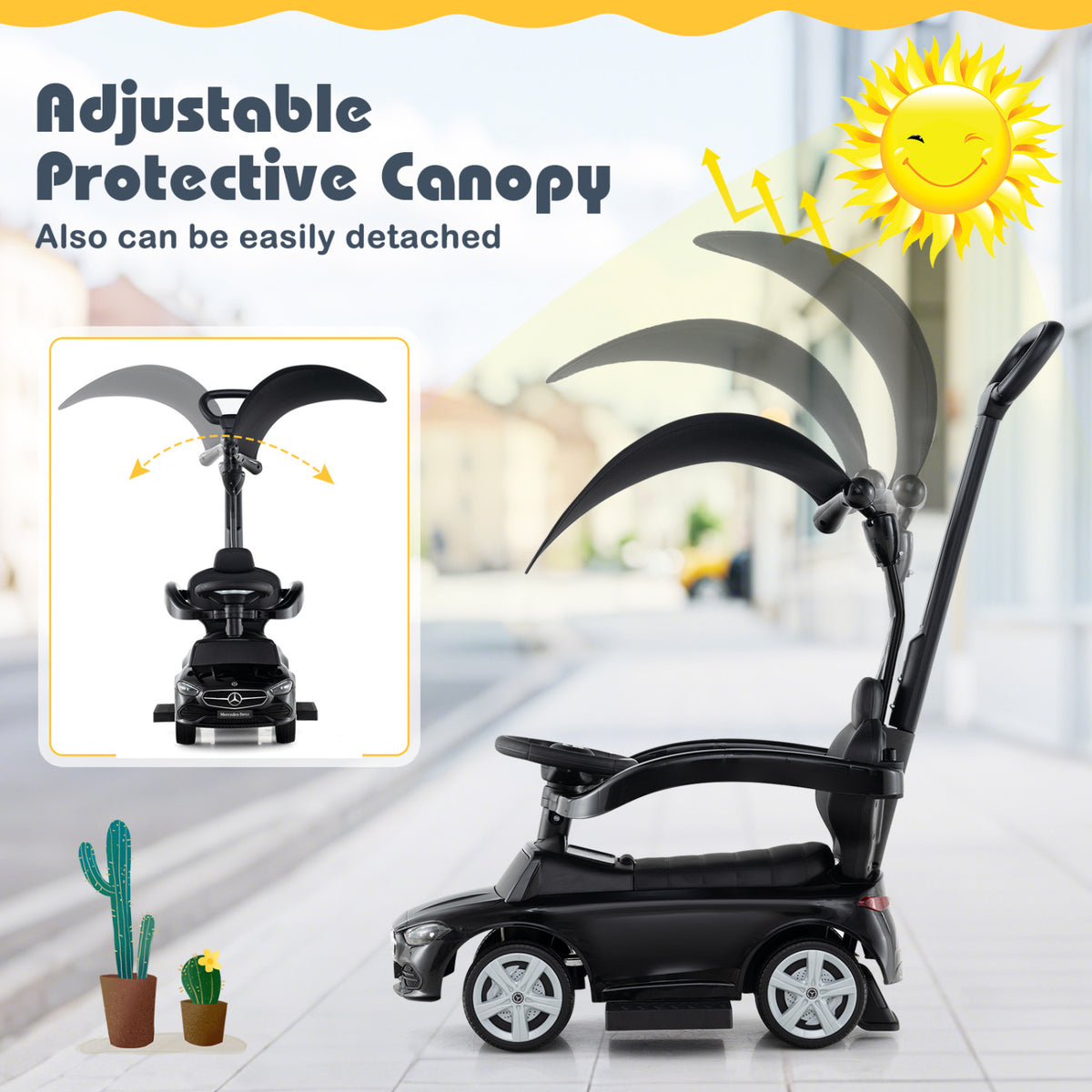 3-in-1 Ride on Push Car Mercedes-Benz Licensed Sliding Car with Canopy