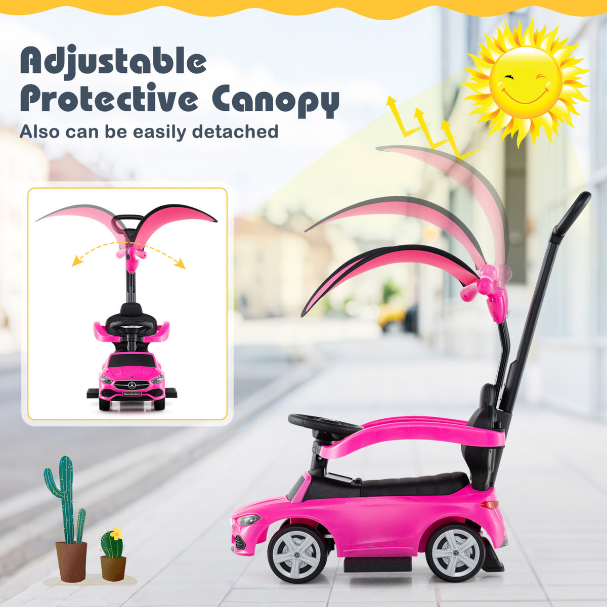 3-in-1 Ride on Push Car Mercedes-Benz Licensed Sliding Car with Canopy