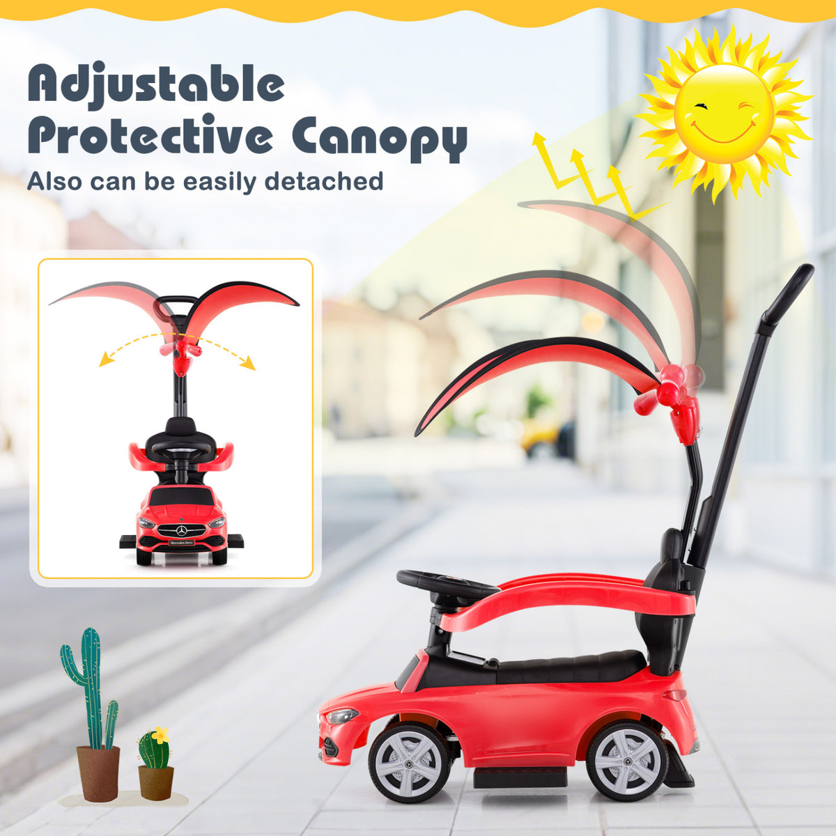 3-in-1 Ride on Push Car Mercedes-Benz Licensed Sliding Car with Canopy