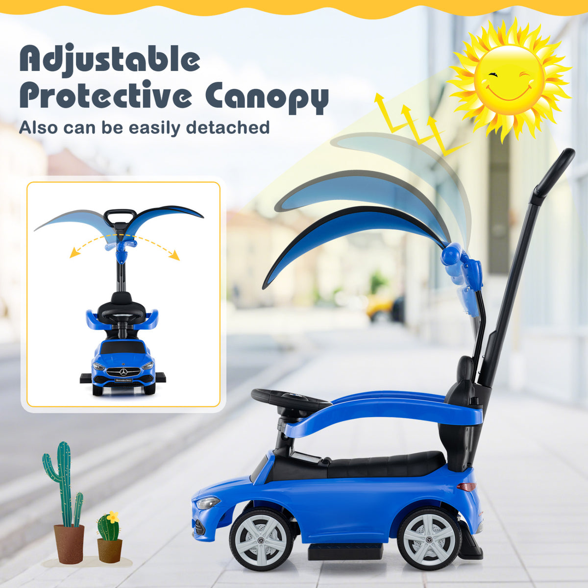 3-in-1 Ride on Push Car Mercedes-Benz Licensed Sliding Car with Canopy