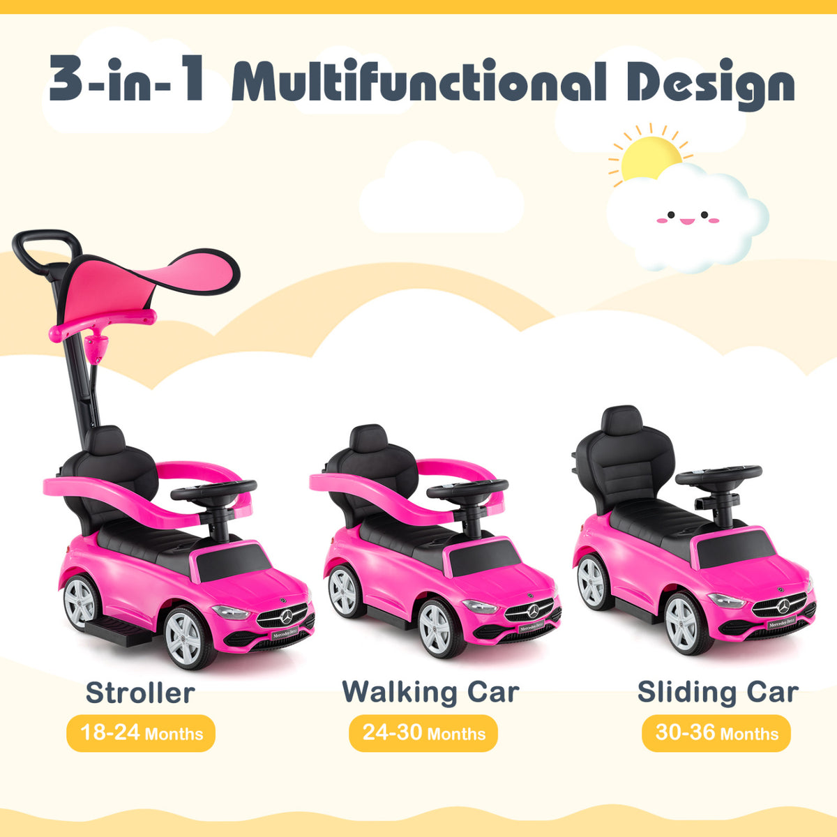 3-in-1 Ride on Push Car Mercedes-Benz Licensed Sliding Car with Canopy
