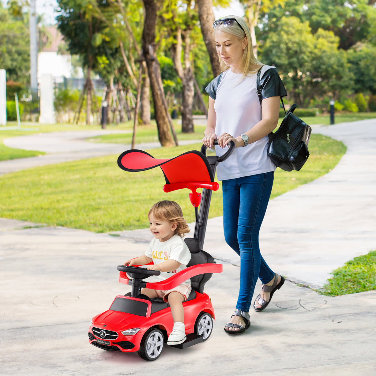 3-in-1 Ride on Push Car Mercedes-Benz Licensed Sliding Car with Canopy
