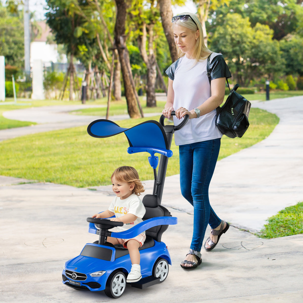 3-in-1 Ride on Push Car Mercedes-Benz Licensed Sliding Car with Canopy