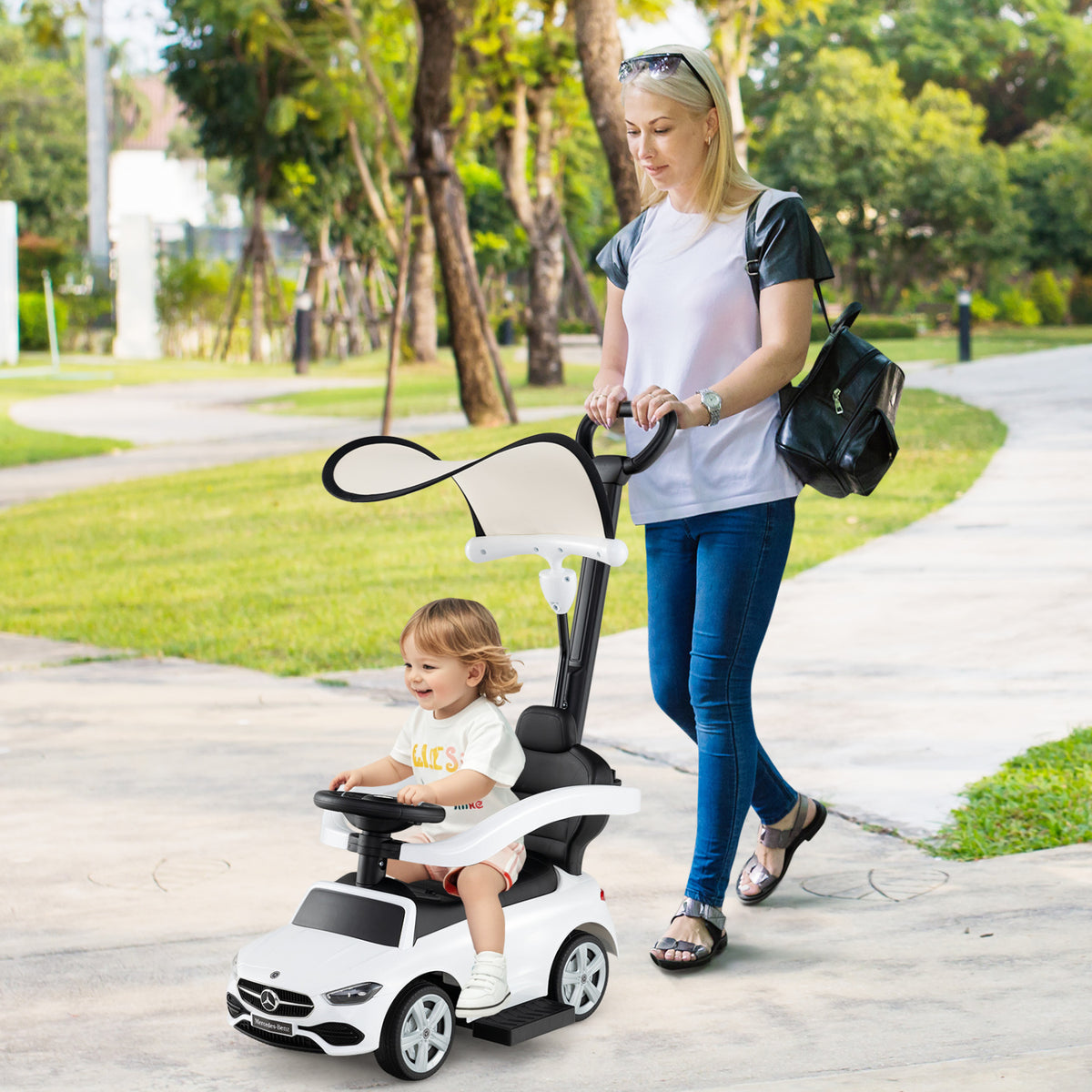 3-in-1 Ride on Push Car Mercedes-Benz Licensed Sliding Car with Canopy