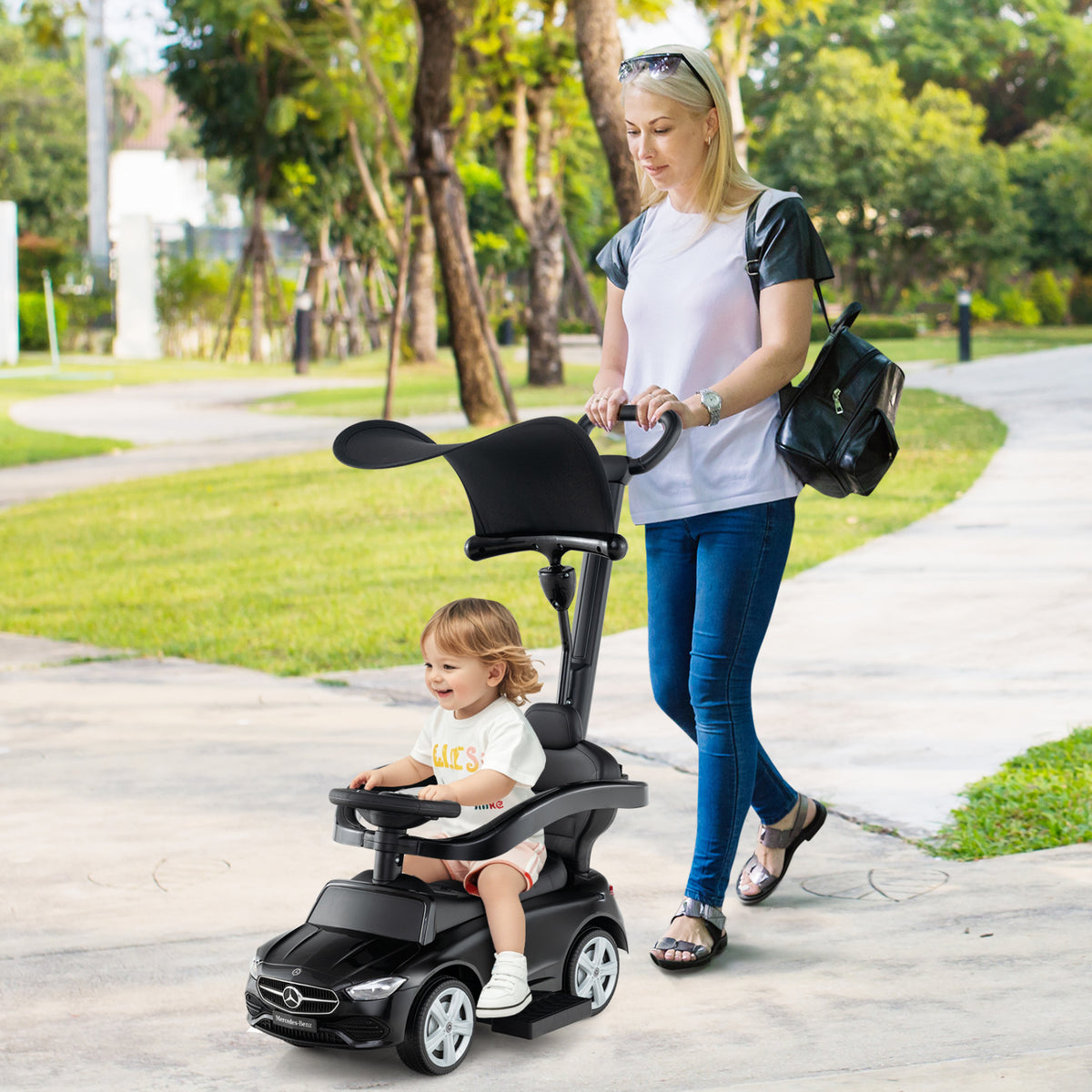 3-in-1 Ride on Push Car Mercedes-Benz Licensed Sliding Car with Canopy