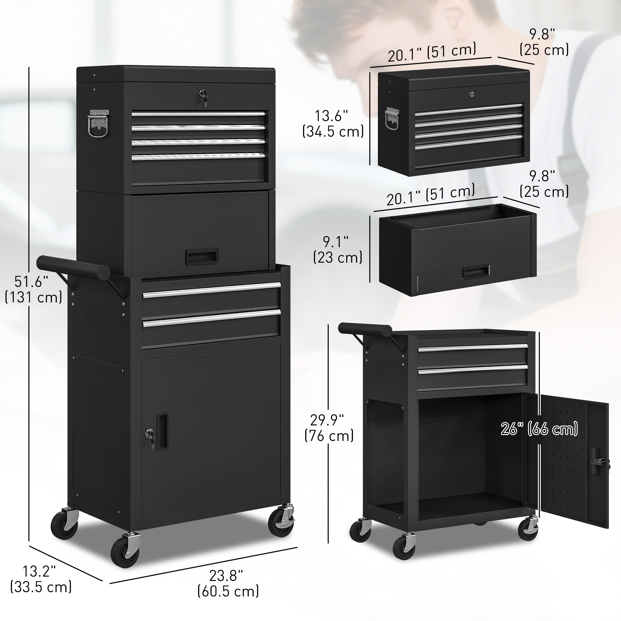 3-in-1 Rolling Tool Chest - 6-Drawer Steel Cabinet, Black-DECOROLALA