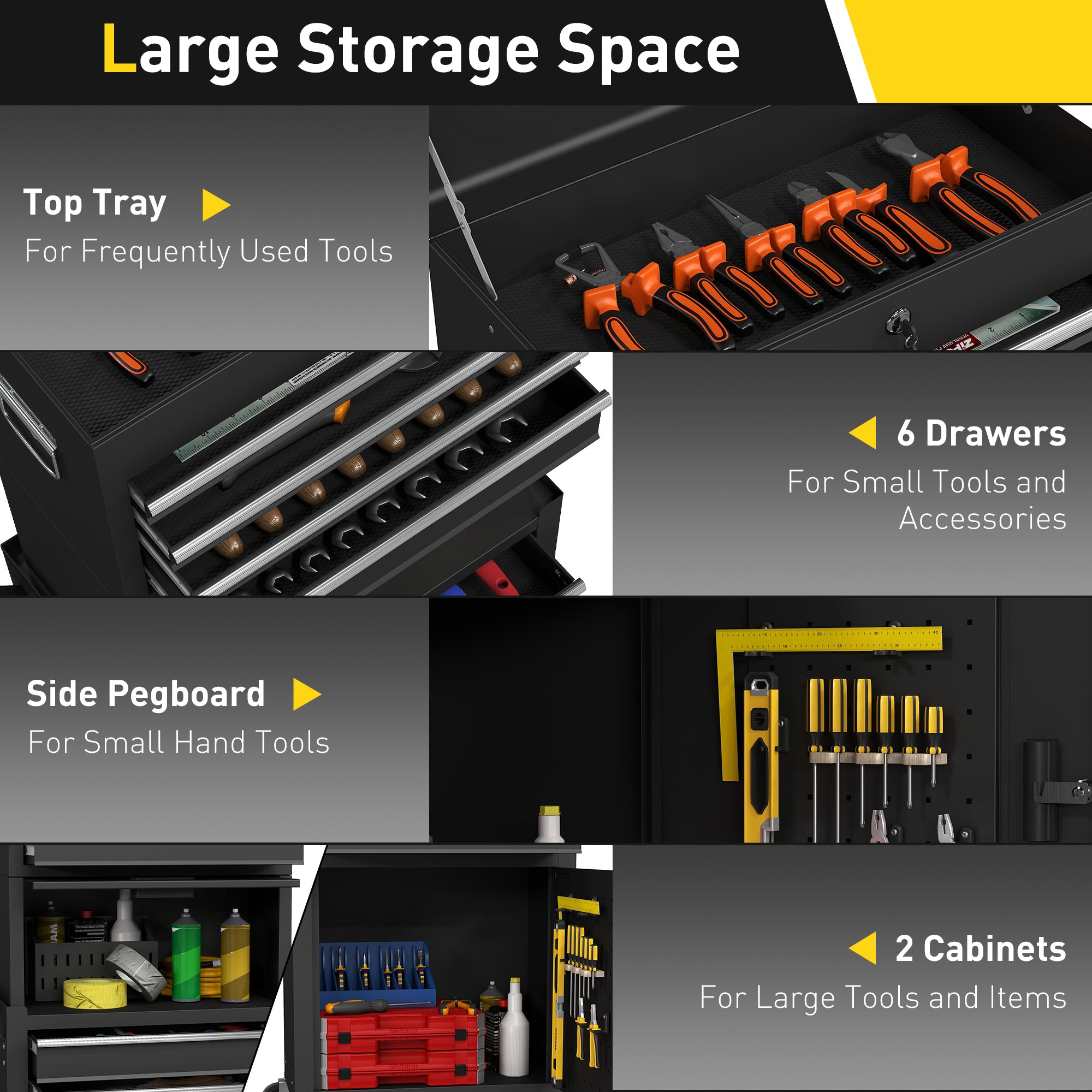 3-in-1 Rolling Tool Chest - 6-Drawer Steel Cabinet, Black-DECOROLALA