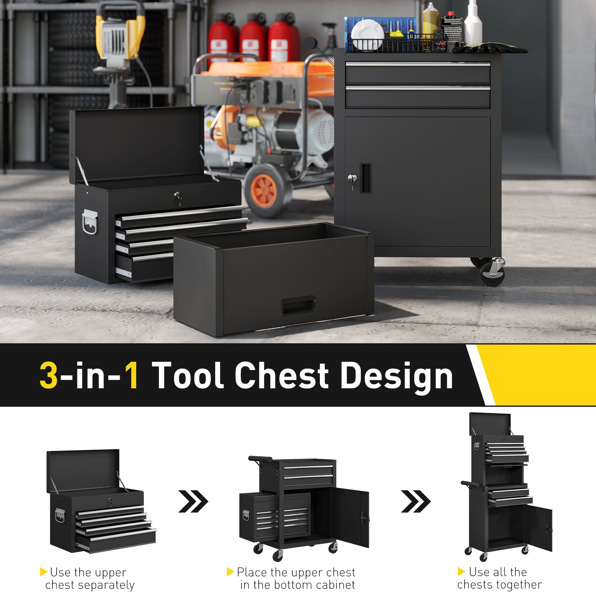 3-in-1 Rolling Tool Chest - 6-Drawer Steel Cabinet, Black-DECOROLALA