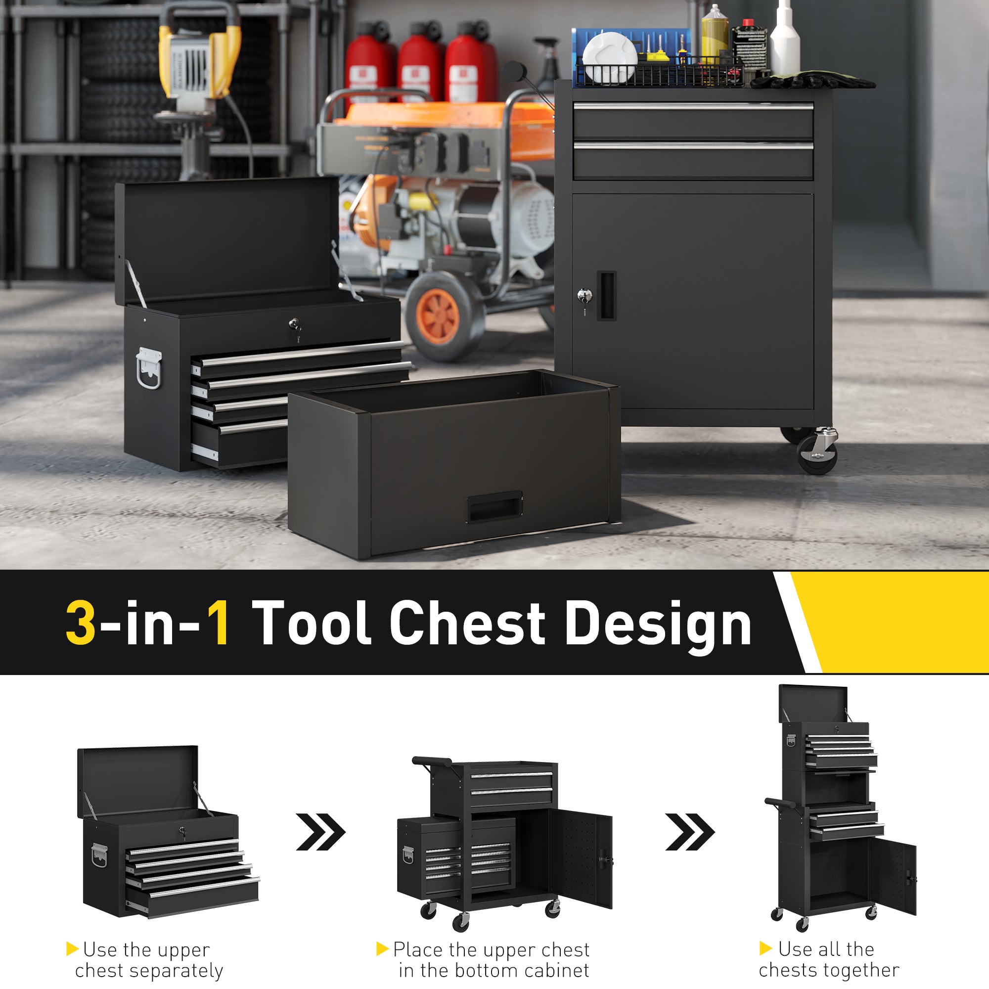 3-in-1 Rolling Tool Chest - 6-Drawer Steel Cabinet, Black-DECOROLALA