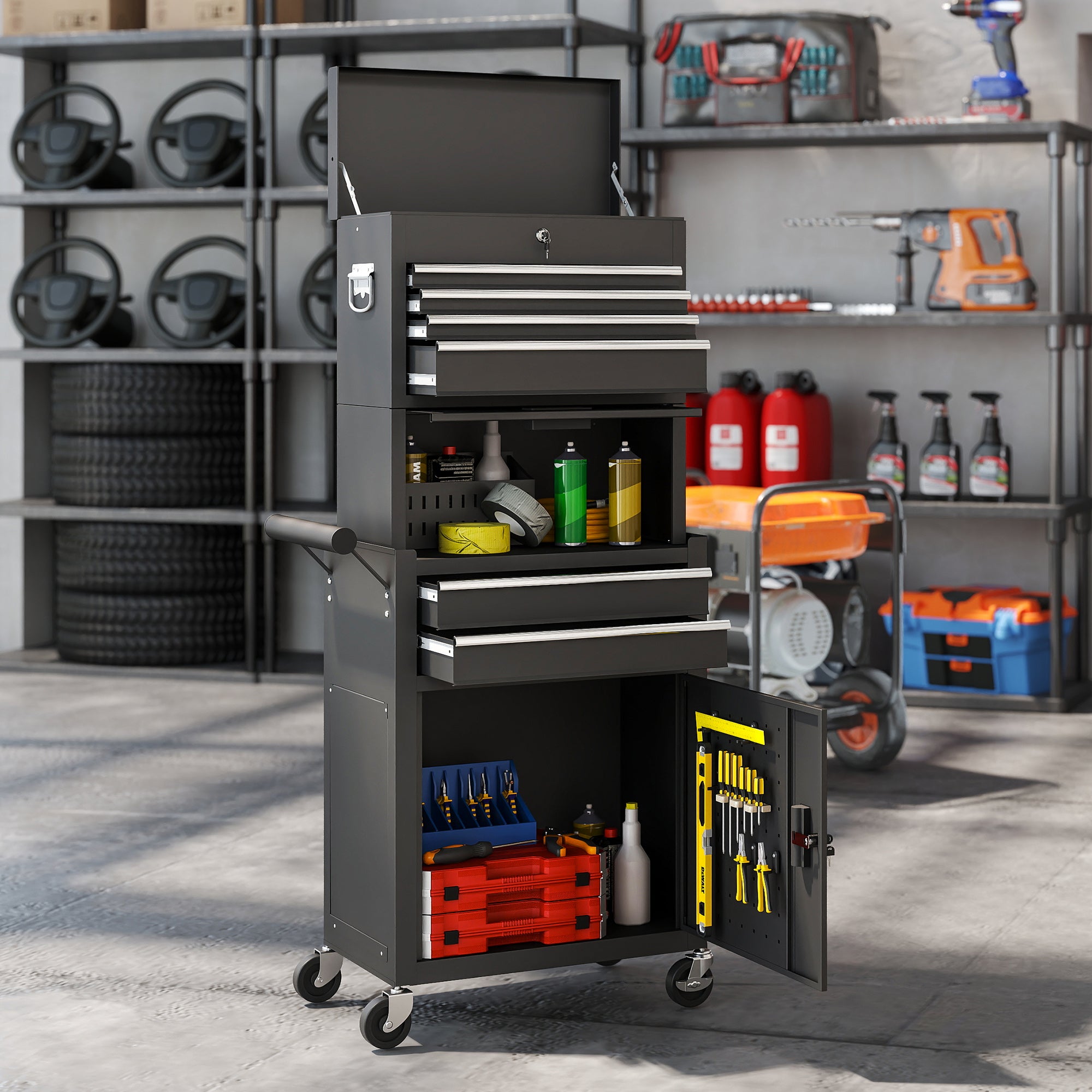 3-in-1 Rolling Tool Chest - 6-Drawer Steel Cabinet, Black-DECOROLALA