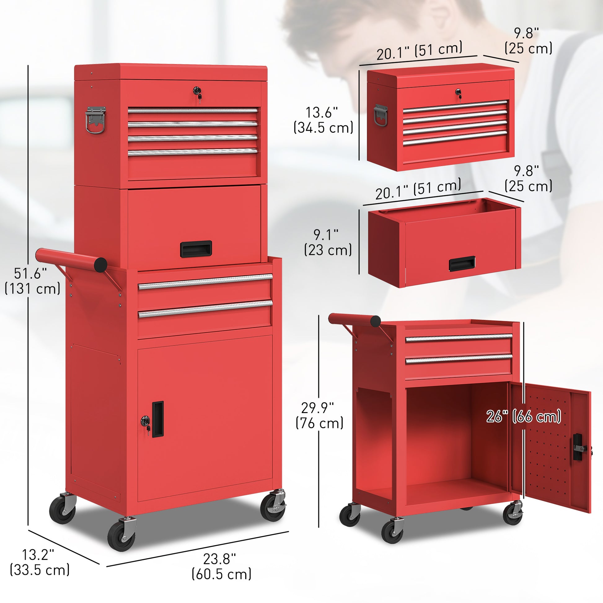 3-in-1 Rolling Tool Chest - 6-Drawer Steel Cabinet, Red-DECOROLALA