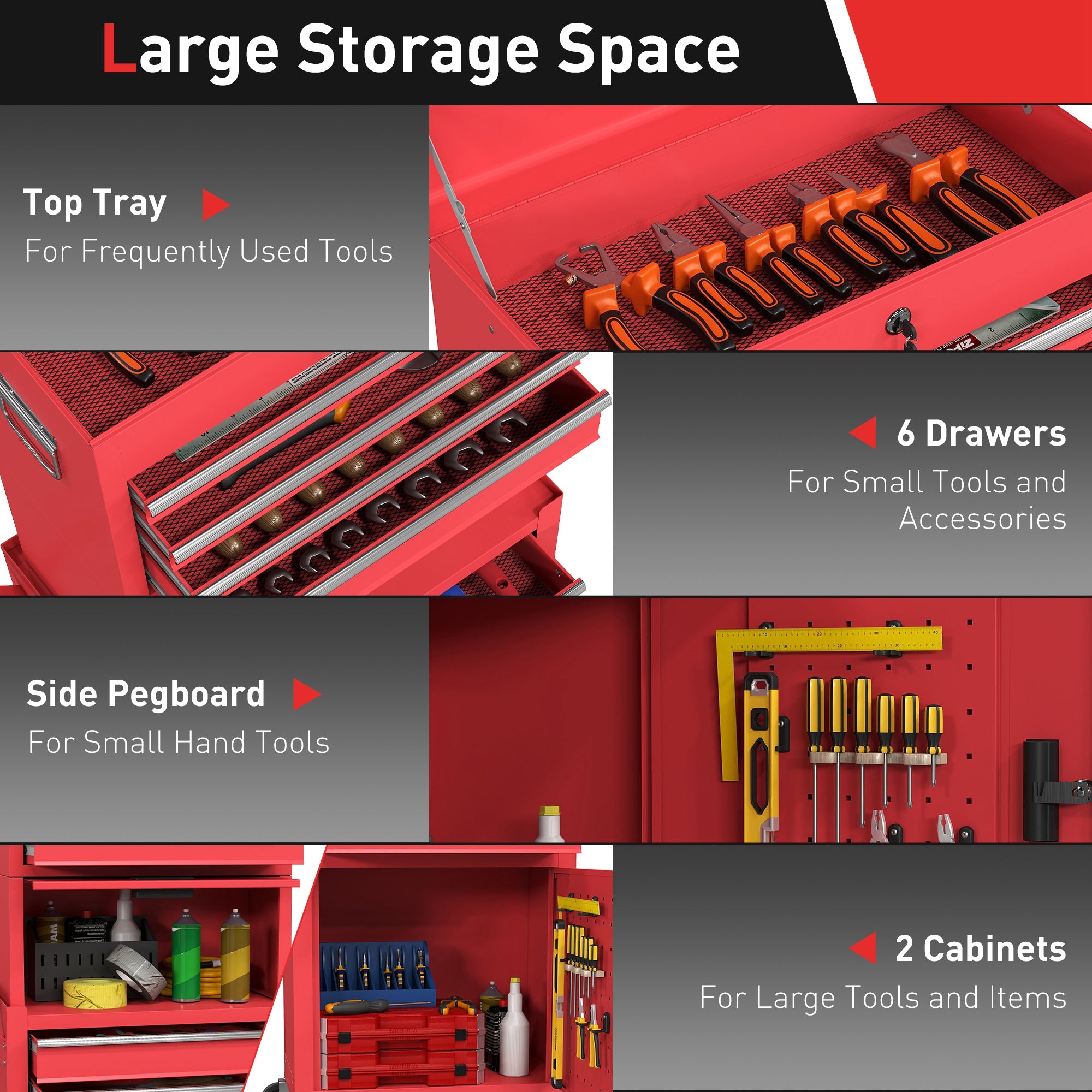 3-in-1 Rolling Tool Chest - 6-Drawer Steel Cabinet, Red-DECOROLALA