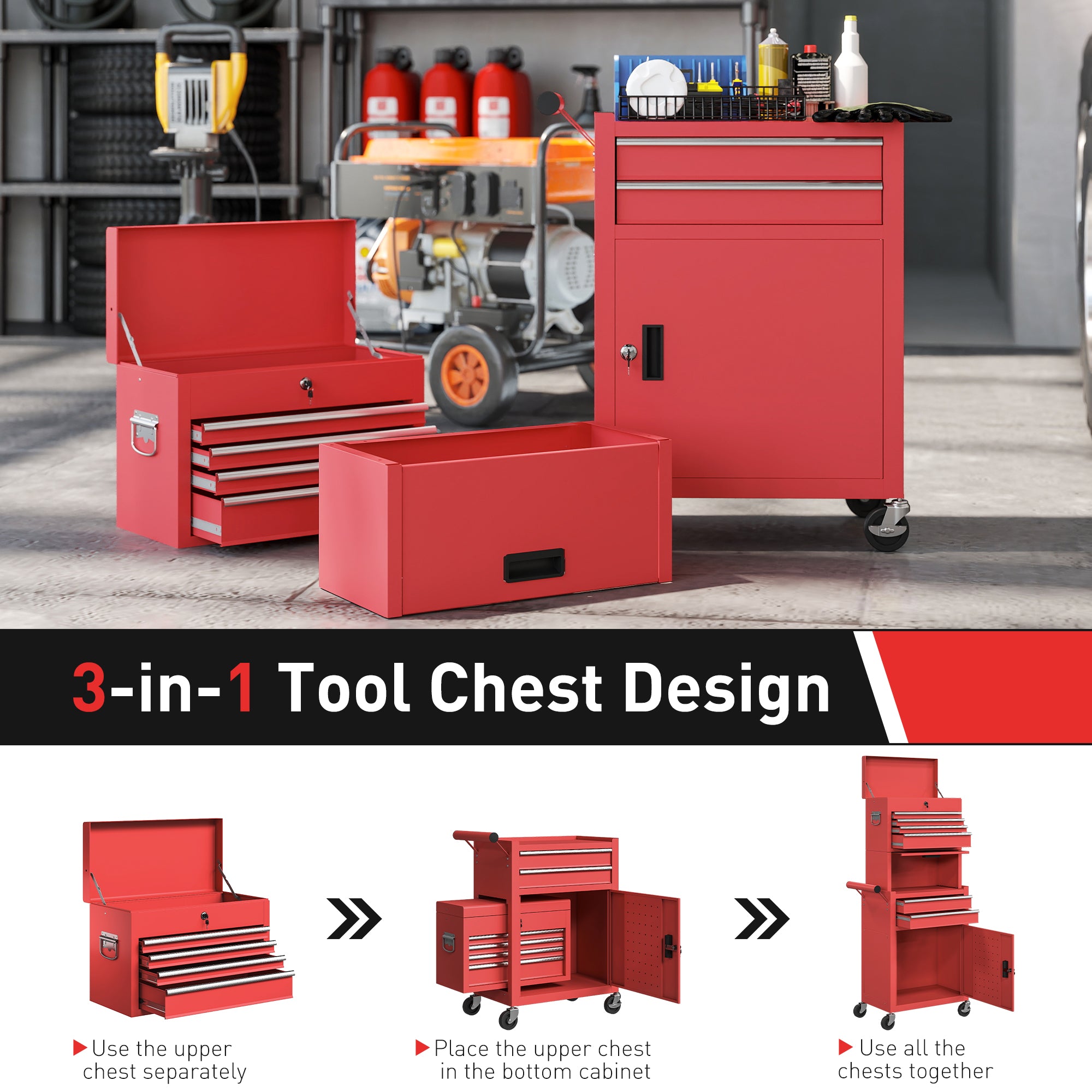 3-in-1 Rolling Tool Chest - 6-Drawer Steel Cabinet, Red-DECOROLALA