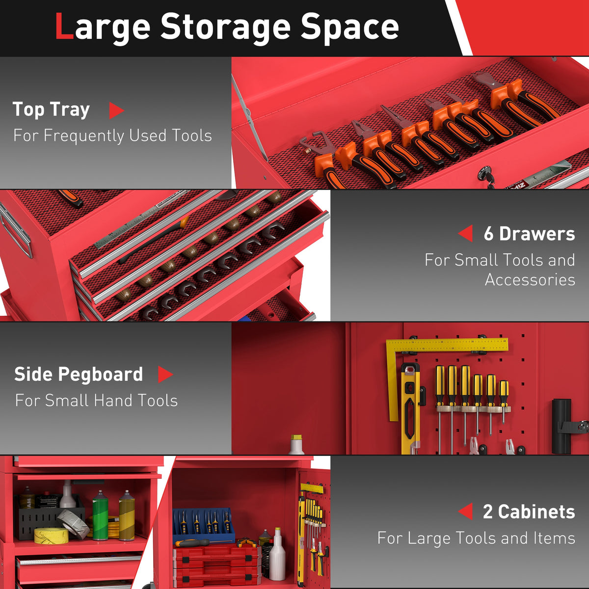 3-in-1 Rolling Tool Chest - 6-Drawer Steel Cabinet, Red-DECOROLALA