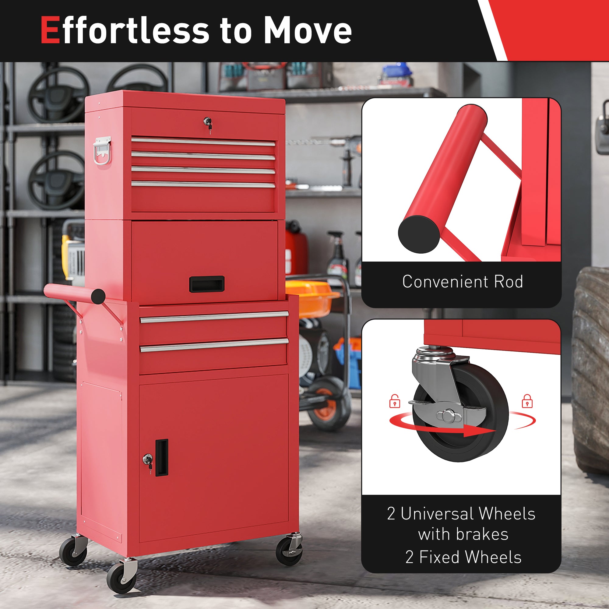 3-in-1 Rolling Tool Chest - 6-Drawer Steel Cabinet, Red-DECOROLALA