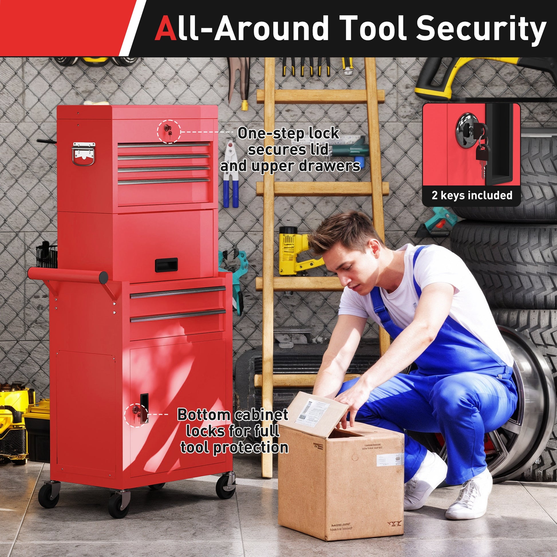 3-in-1 Rolling Tool Chest - 6-Drawer Steel Cabinet, Red-DECOROLALA