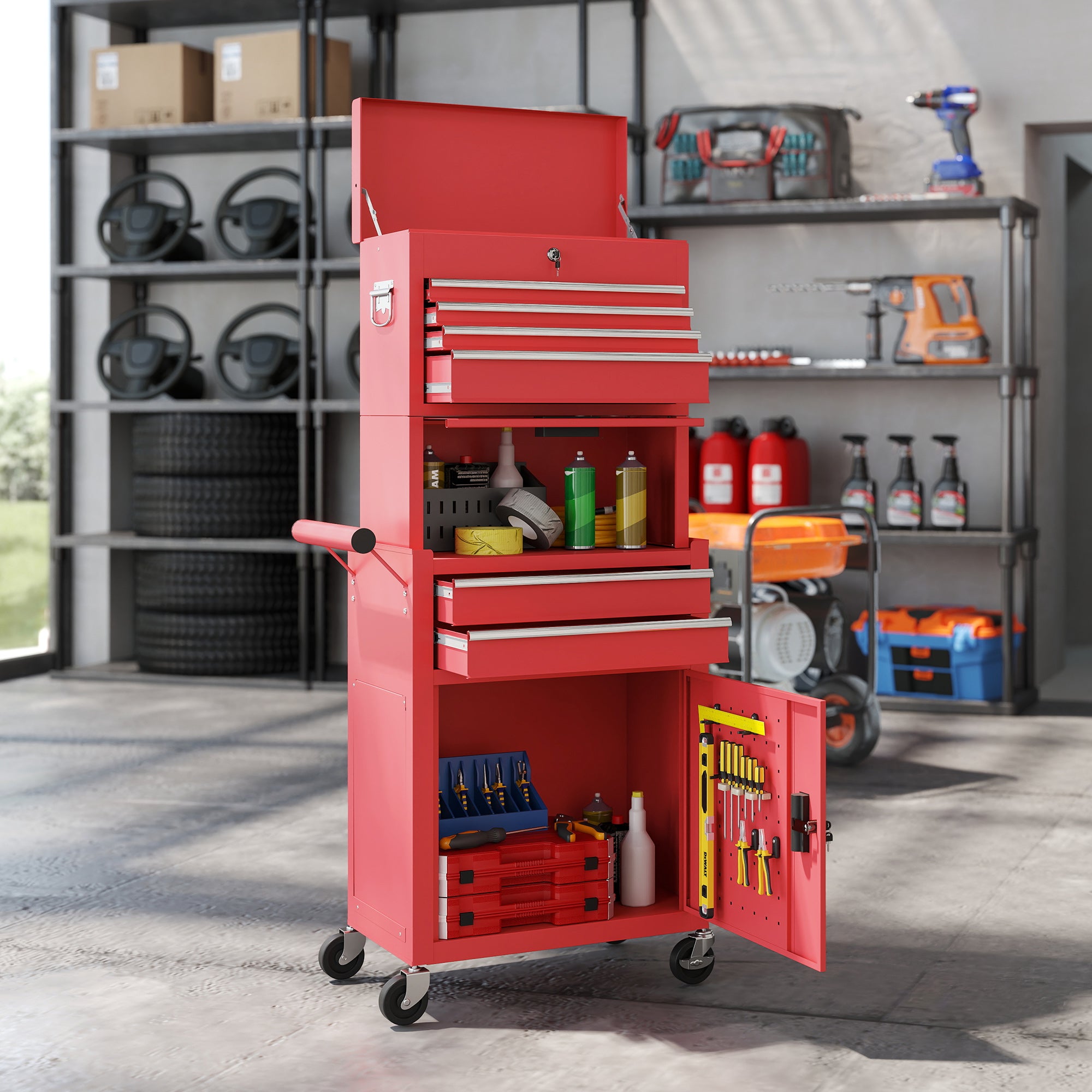 3-in-1 Rolling Tool Chest - 6-Drawer Steel Cabinet, Red-DECOROLALA
